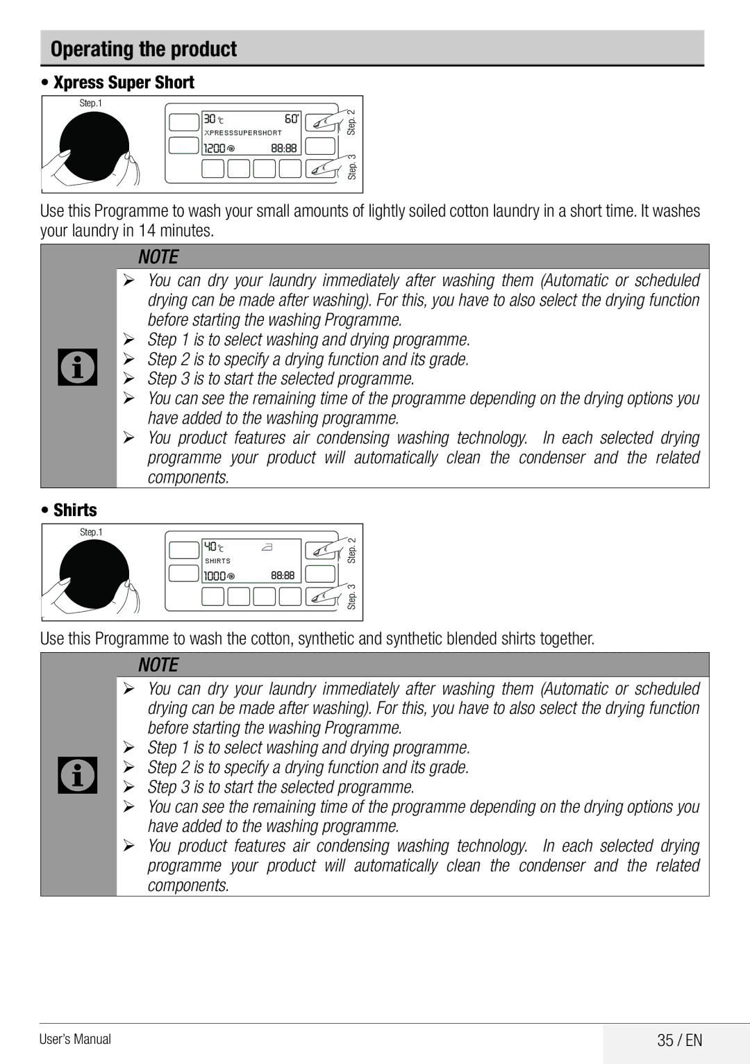 Beko WDA 8514 H user manual Xpress Super Short, Shirts, 35 / EN 