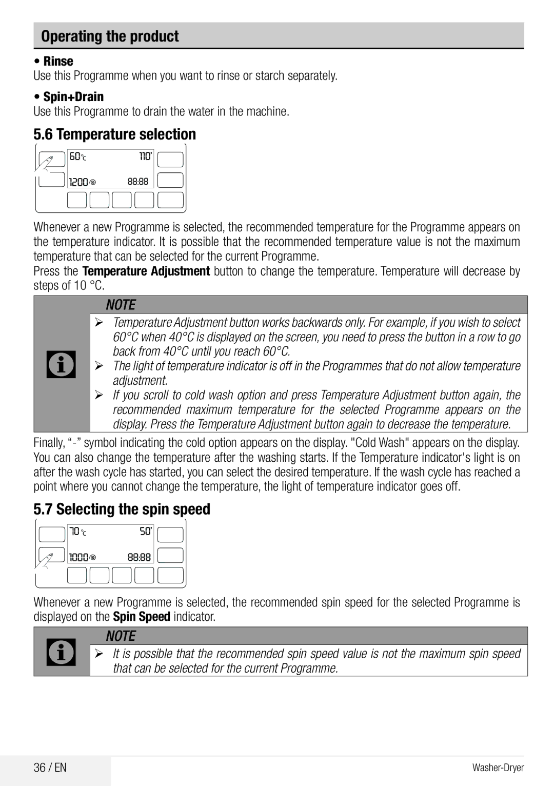 Beko WDA 8514 H user manual Temperature selection, Selecting the spin speed, 36 / EN 