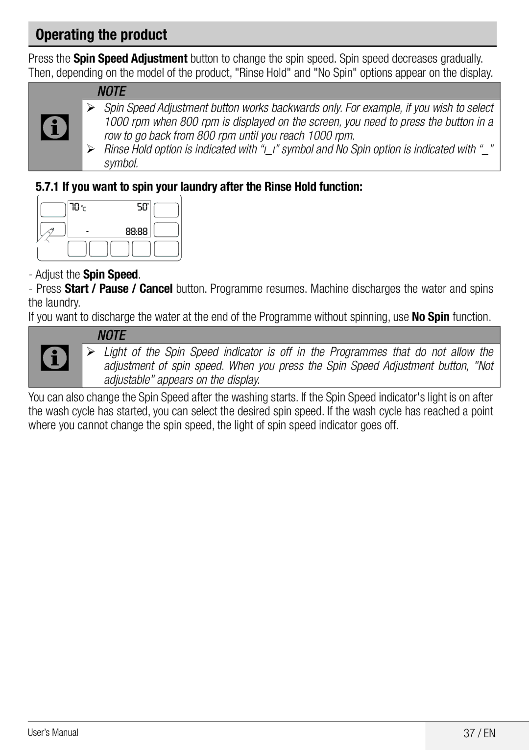 Beko WDA 8514 H user manual 37 / EN, Adjustable appears on the display 