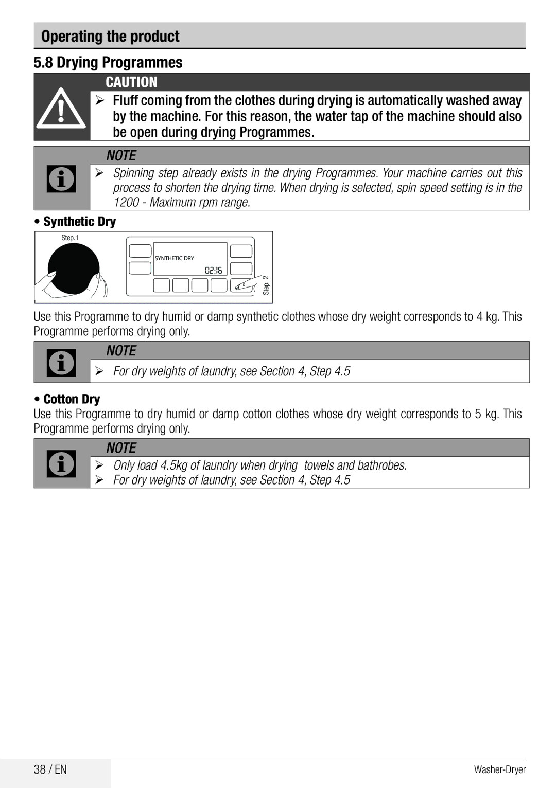 Beko WDA 8514 H Operating the product Drying Programmes, Synthetic Dry, ¾¾ For dry weights of laundry, see , Step, 38 / EN 