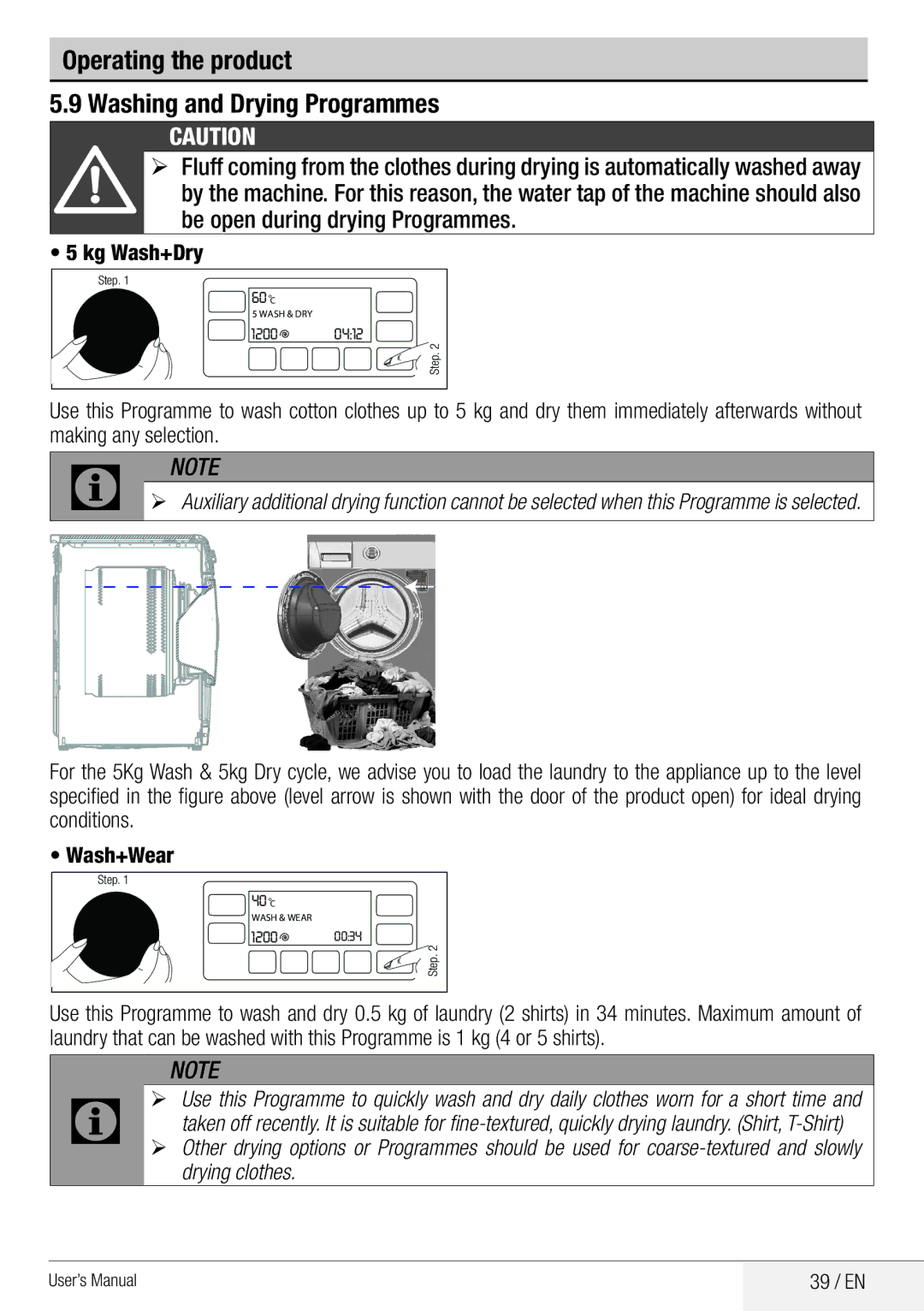 Beko WDA 8514 H user manual Operating the product Washing and Drying Programmes, Kg Wash+Dry, Drying clothes, 39 / EN 