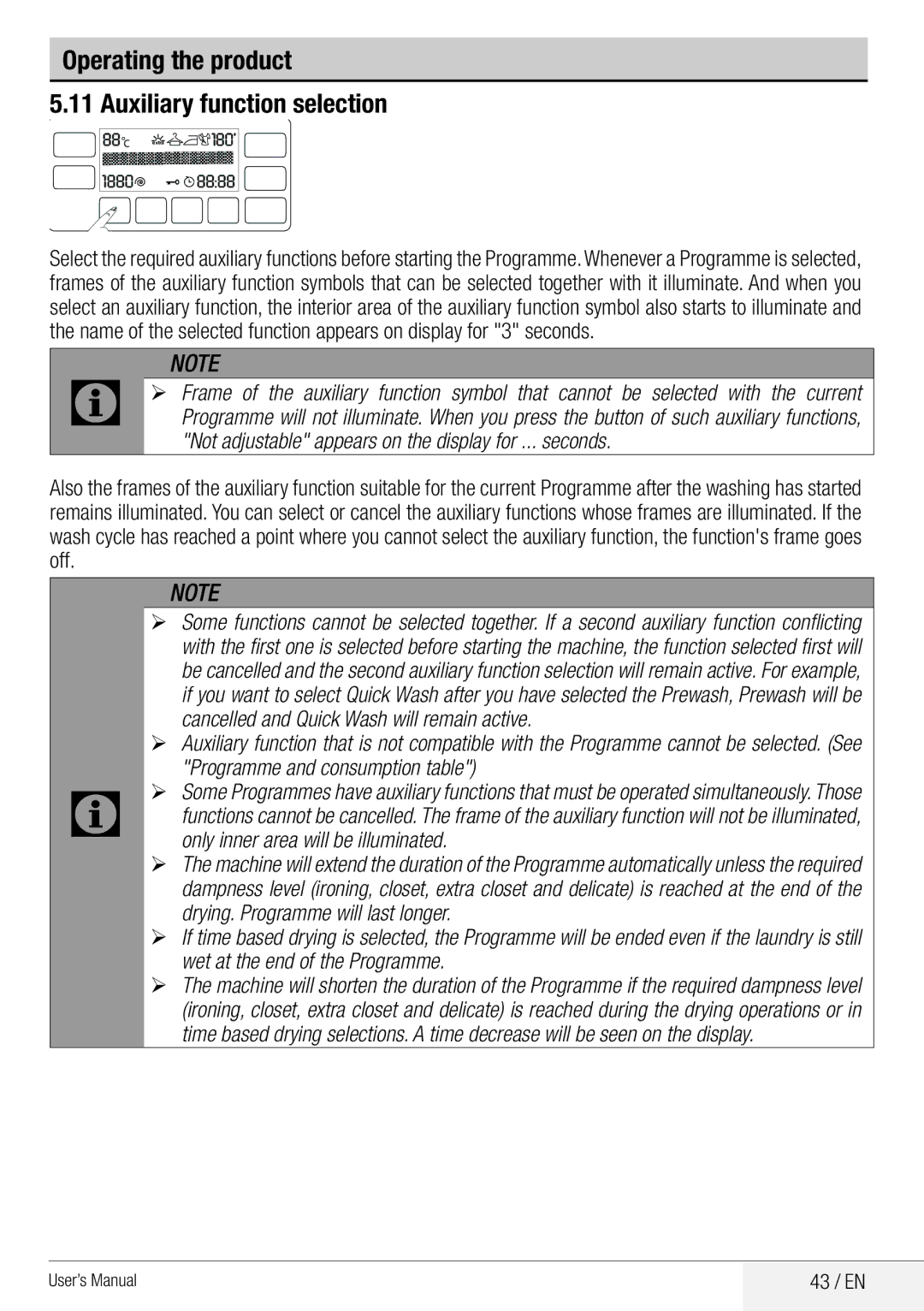 Beko WDA 8514 H user manual Operating the product Auxiliary function selection, 43 / EN 