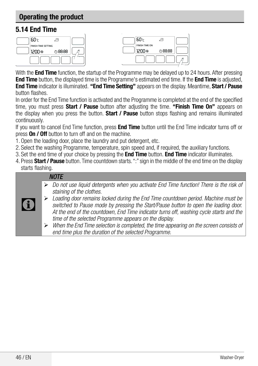 Beko WDA 8514 H user manual Operating the product End Time, 46 / EN 