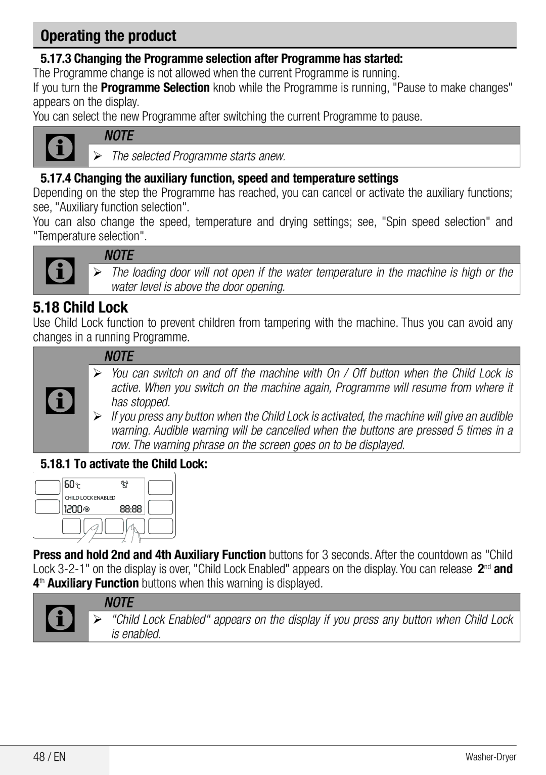 Beko WDA 8514 H user manual ¾¾ The selected Programme starts anew, Has stopped, To activate the Child Lock, 48 / EN 