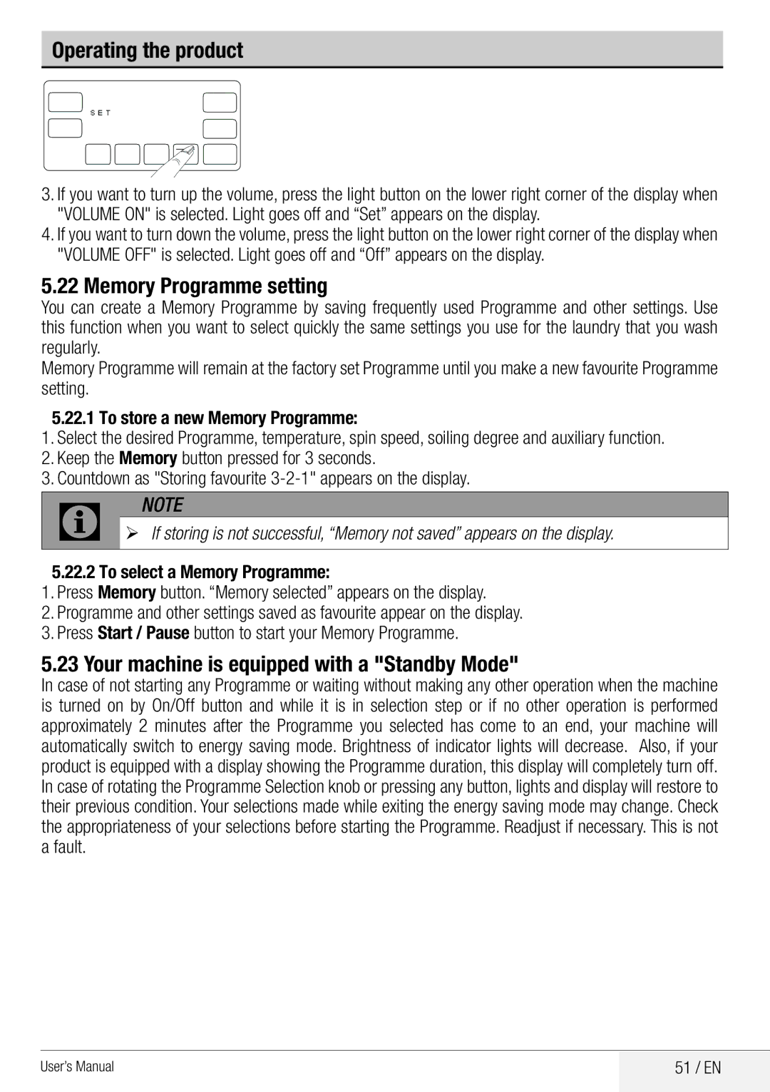 Beko WDA 8514 H user manual Memory Programme setting, Your machine is equipped with a Standby Mode, 51 / EN 