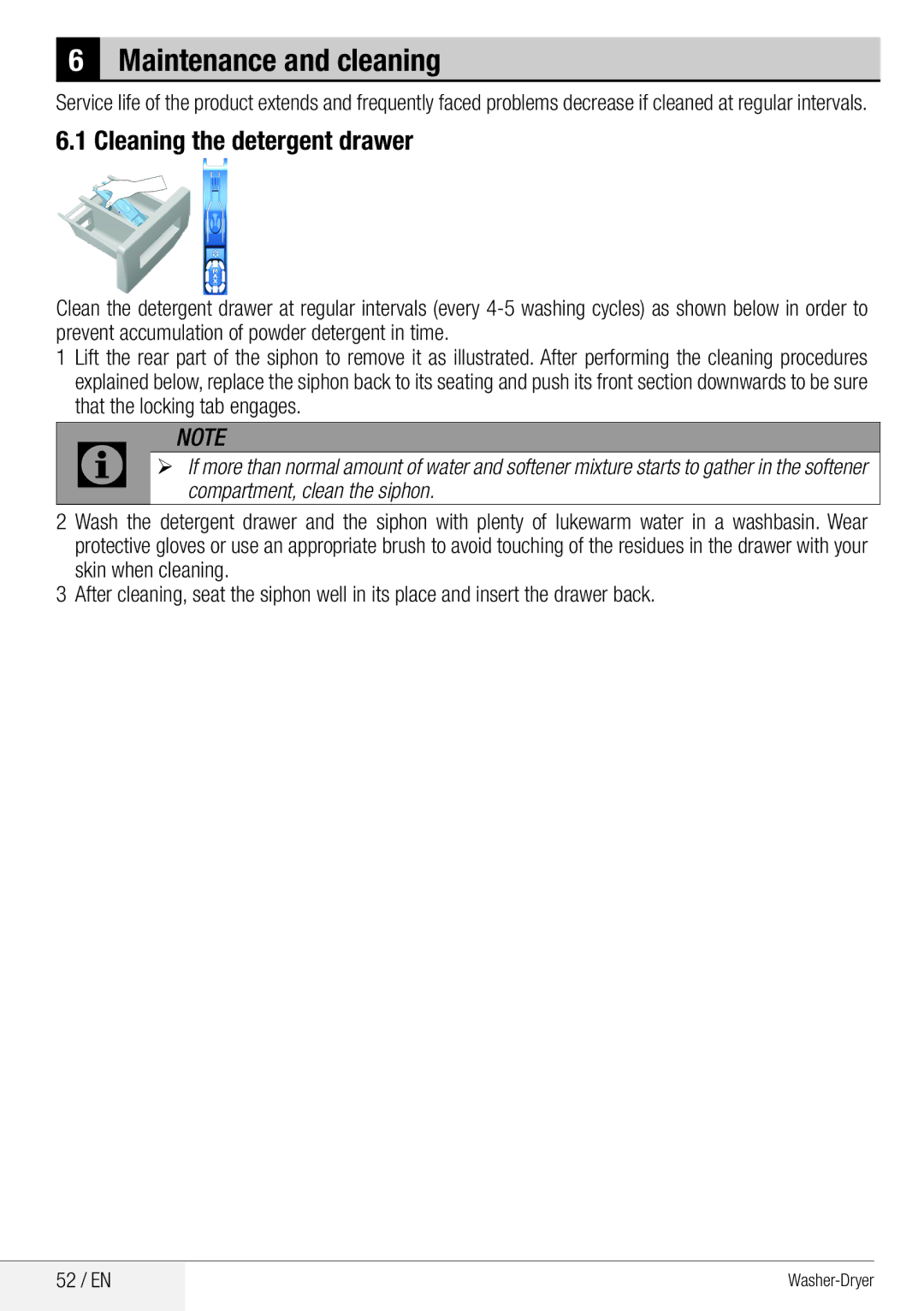 Beko WDA 8514 H user manual Maintenance and cleaning, Cleaning the detergent drawer 