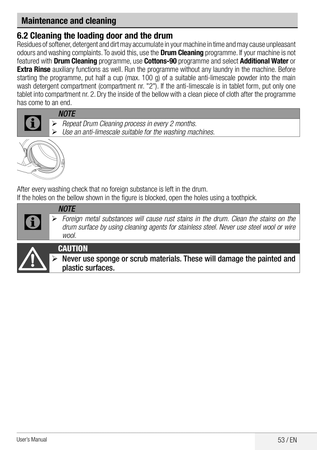 Beko WDA 8514 H user manual ¾¾ Repeat Drum Cleaning process in every 2 months, 53 / EN 