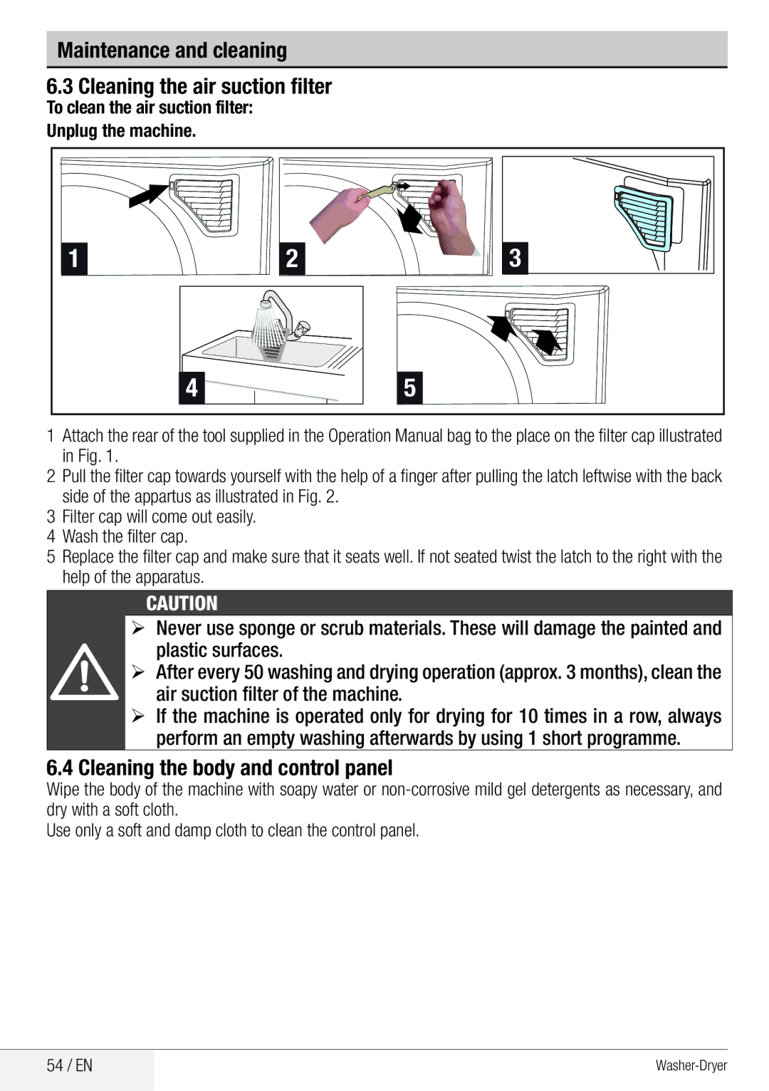 Beko WDA 8514 H user manual Maintenance and cleaning Cleaning the air suction filter, Cleaning the body and control panel 