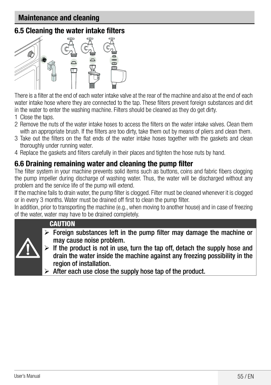 Beko WDA 8514 H user manual Maintenance and cleaning Cleaning the water intake filters, May cause noise problem 