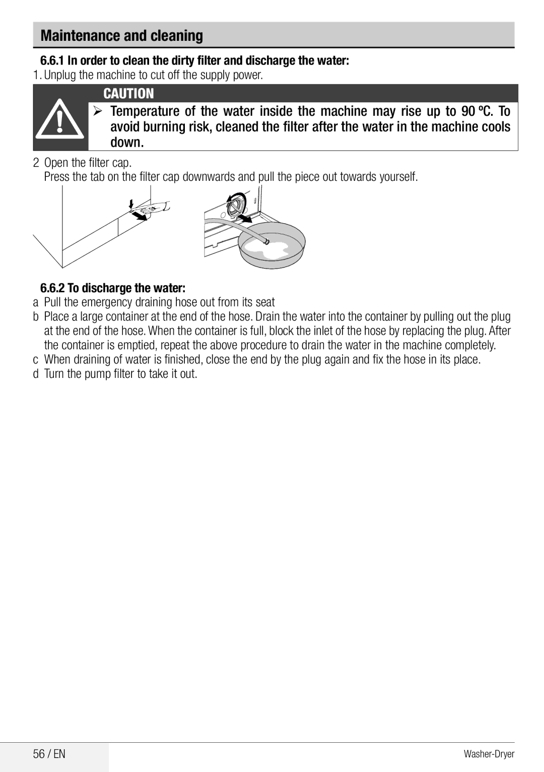 Beko WDA 8514 H user manual Maintenance and cleaning, Turn the pump filter to take it out 56 / EN 