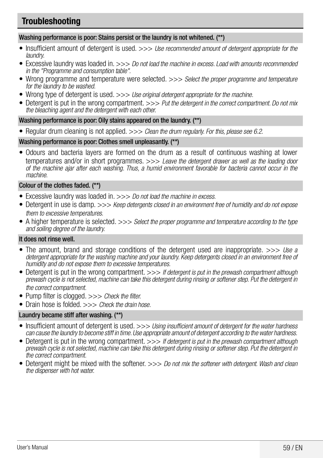 Beko WDA 8514 H user manual 59 / EN, Laundry became stiff after washing 