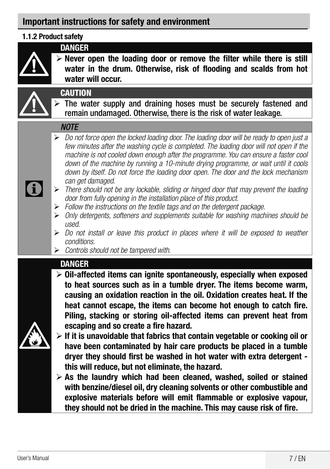 Beko WDA 8514 H user manual Important instructions for safety and environment, Water will occur 