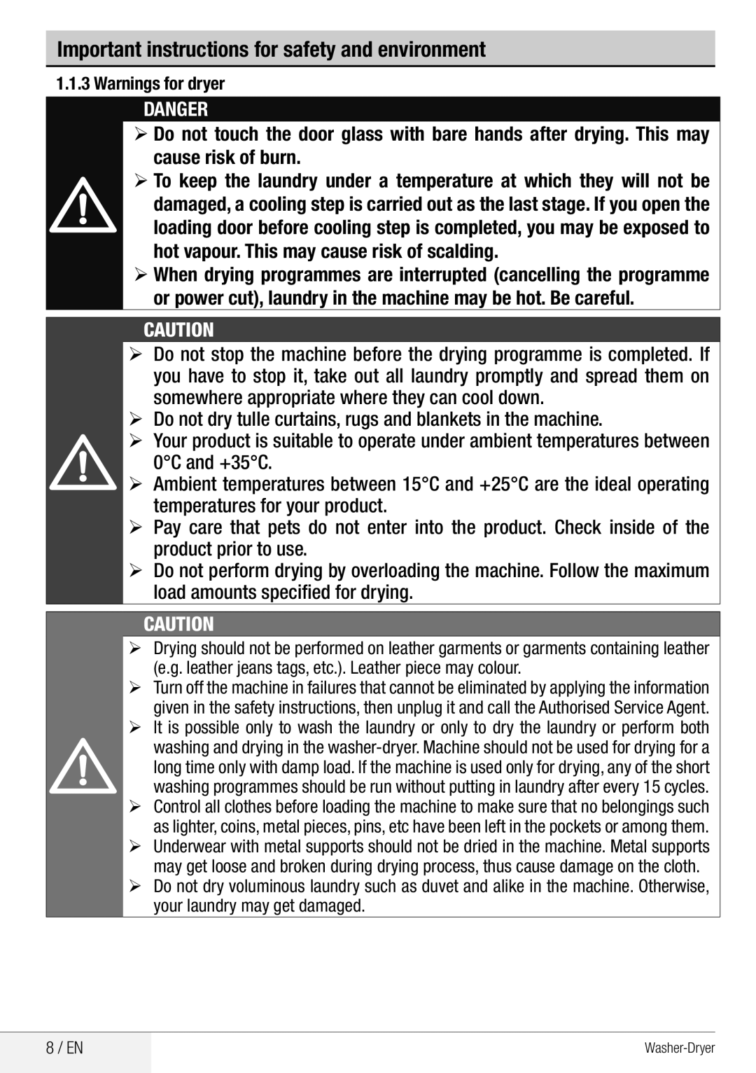 Beko WDA 8514 H user manual Important instructions for safety and environment 