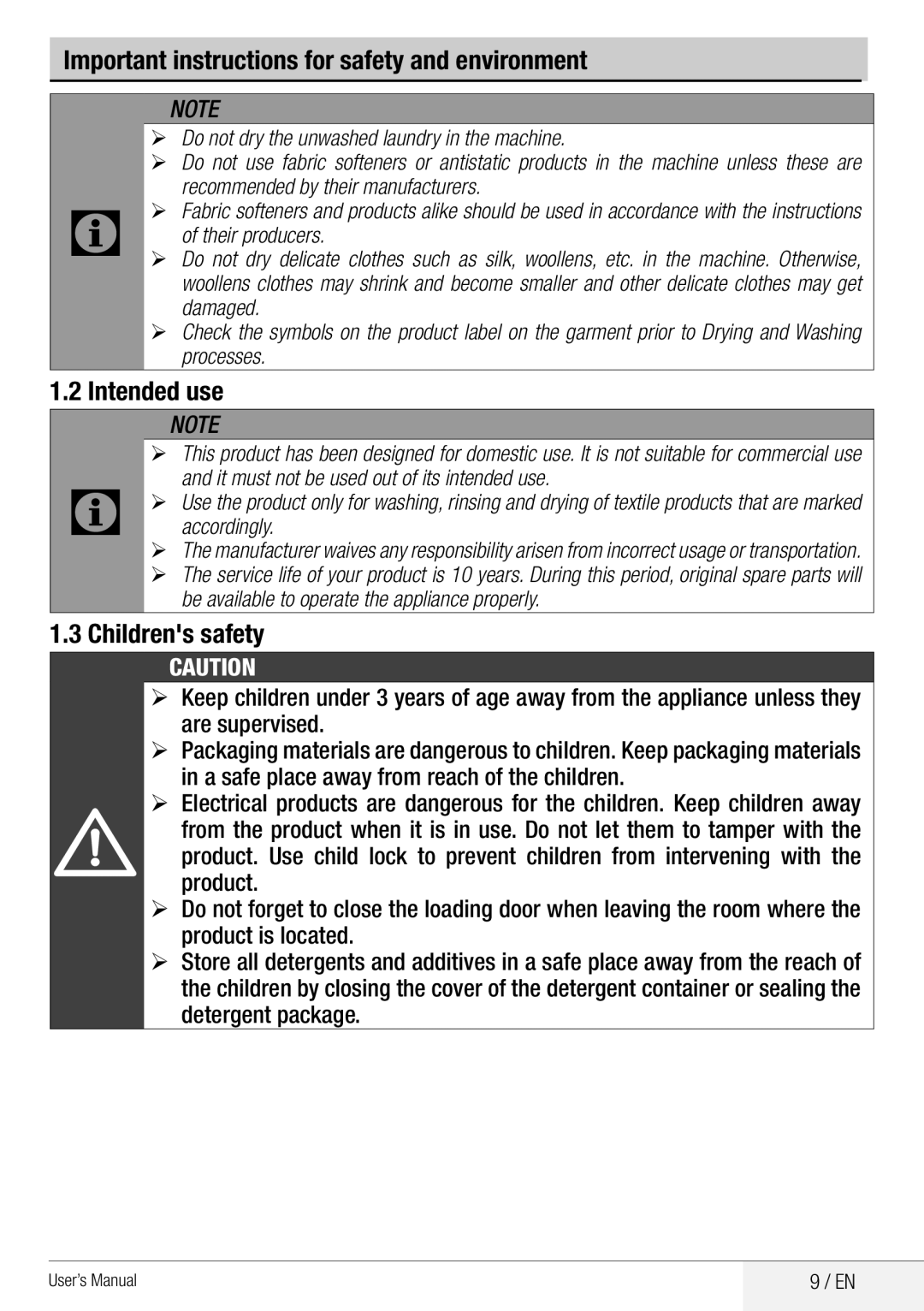 Beko WDA 8514 H user manual Intended use, Childrens safety 