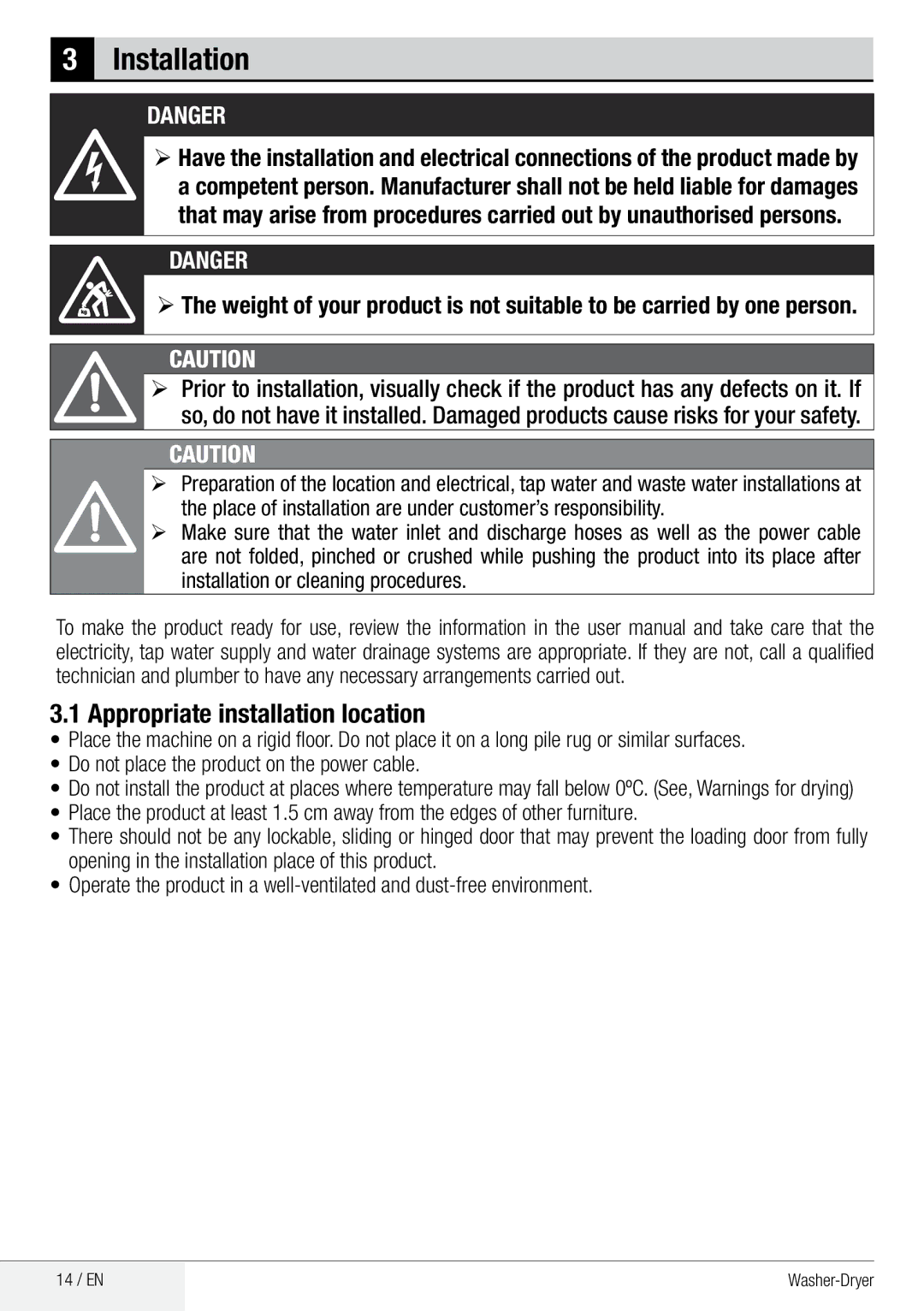 Beko WDA 91440 W user manual Installation, Appropriate installation location 