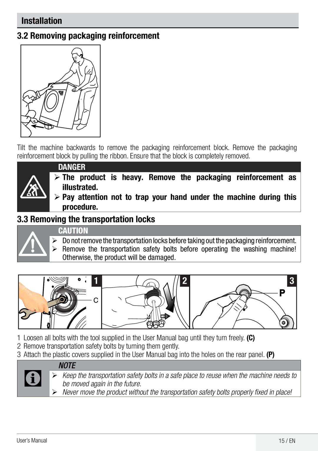 Beko WDA 91440 W user manual Installation Removing packaging reinforcement, Removing the transportation locks 