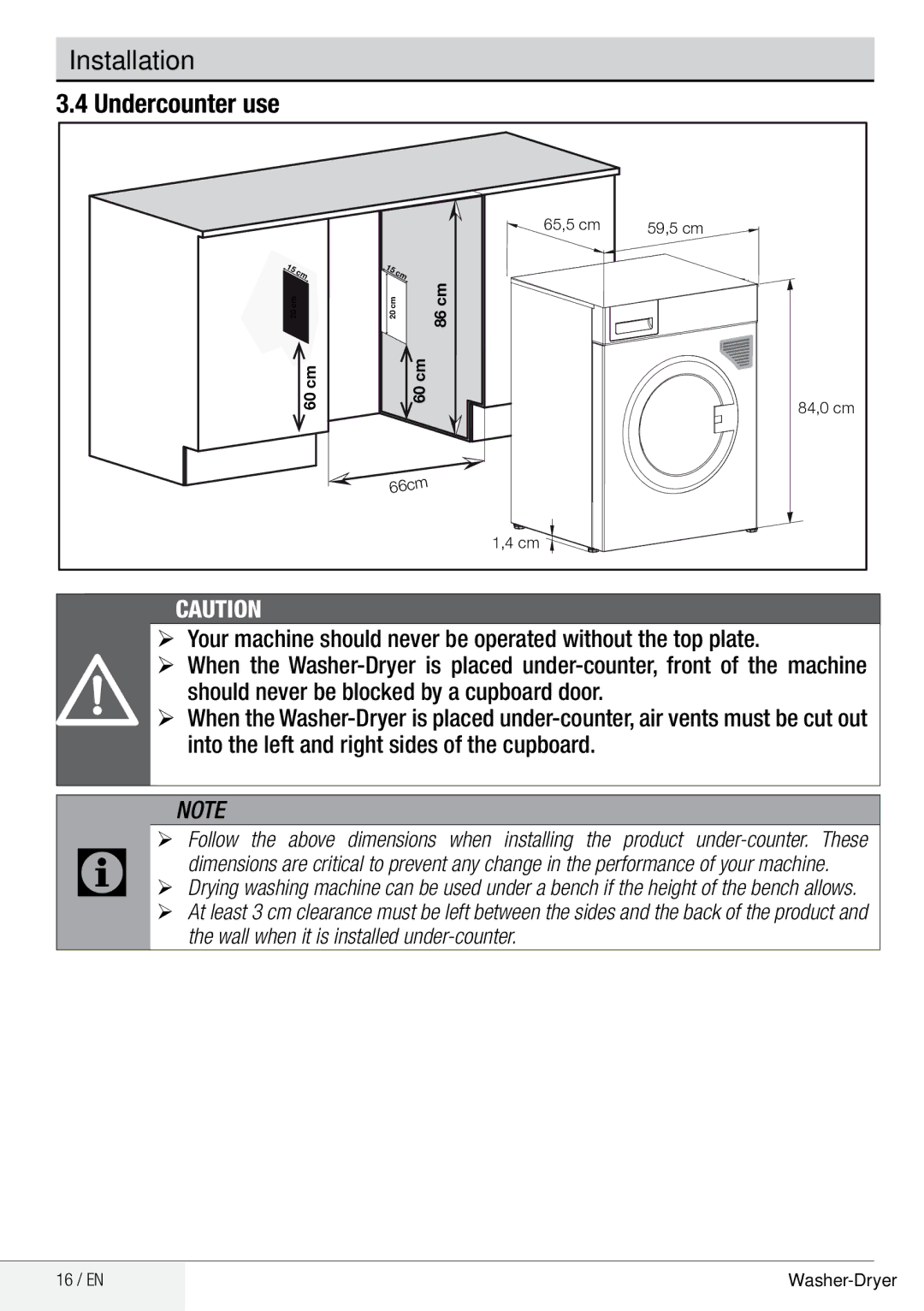 Beko WDA 91440 W user manual Installation Undercounter use, Wall when it is installed under-counter 