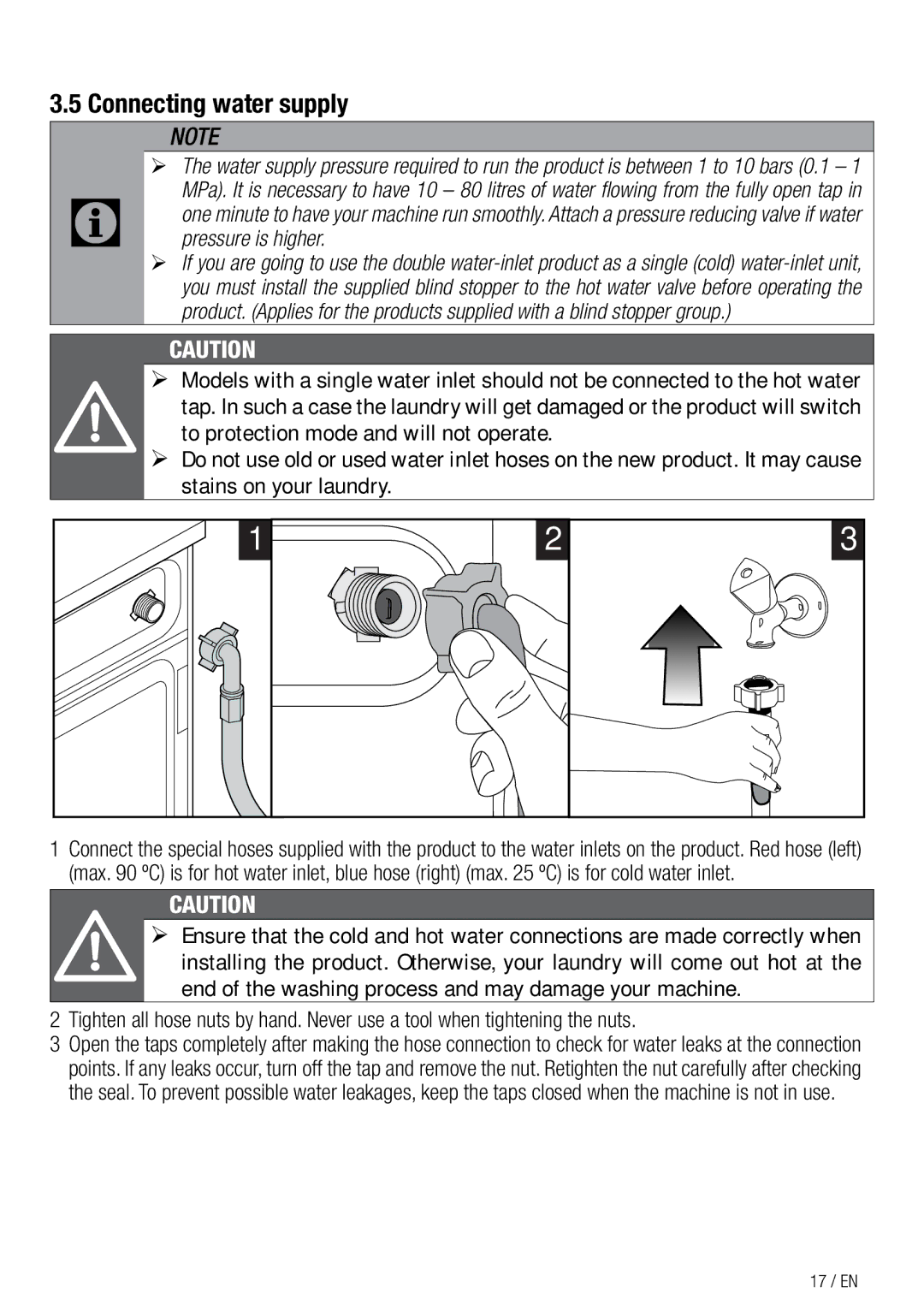 Beko WDA 91440 W user manual Installation Connecting water supply, Pressure is higher 