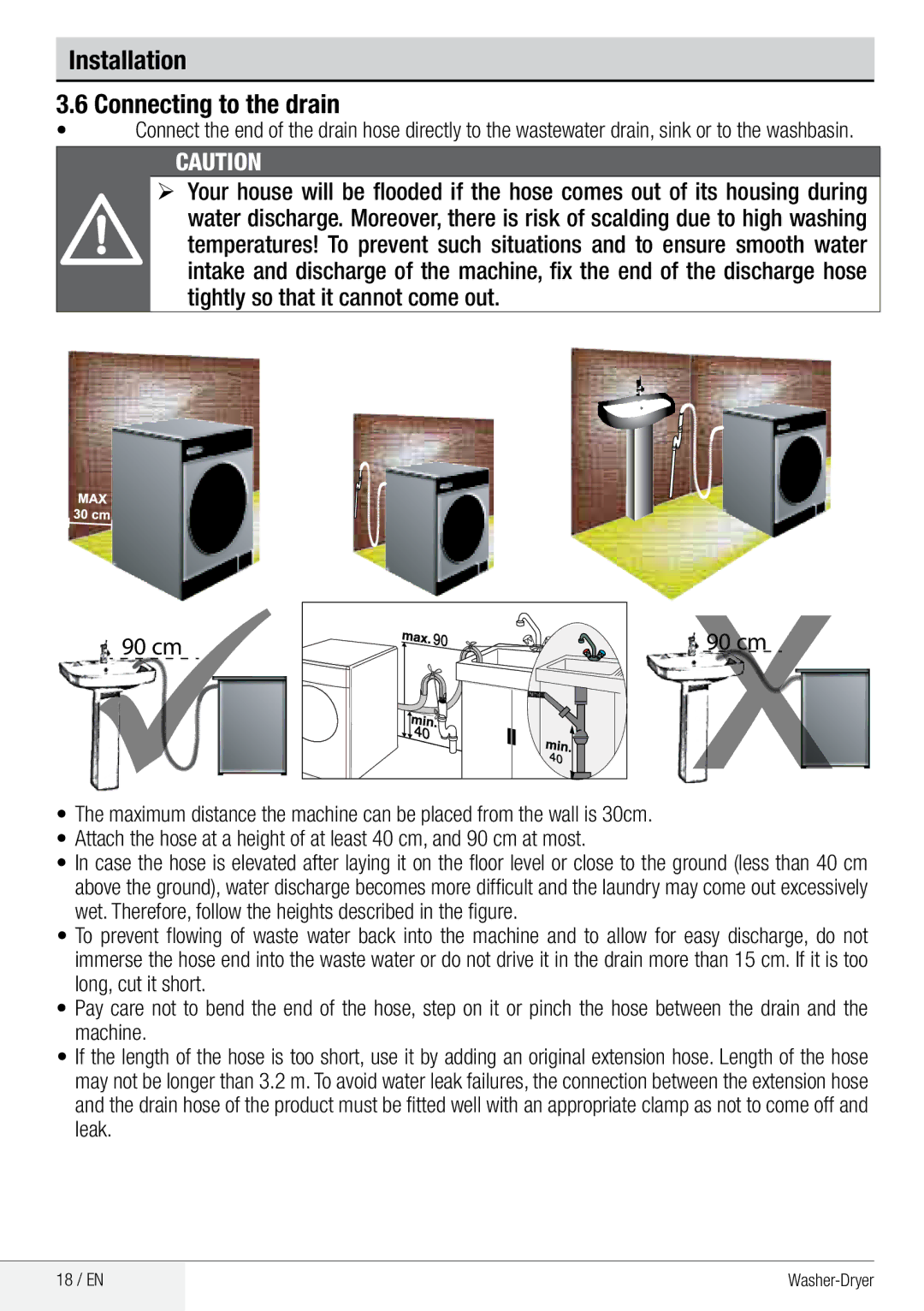 Beko WDA 91440 W user manual Installation Connecting to the drain 