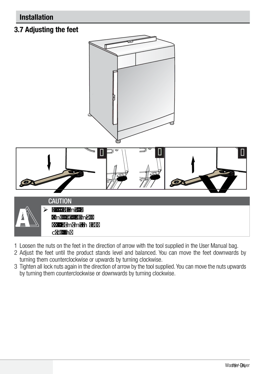 Beko WDA 91440 W user manual Installation Adjusting the feet 