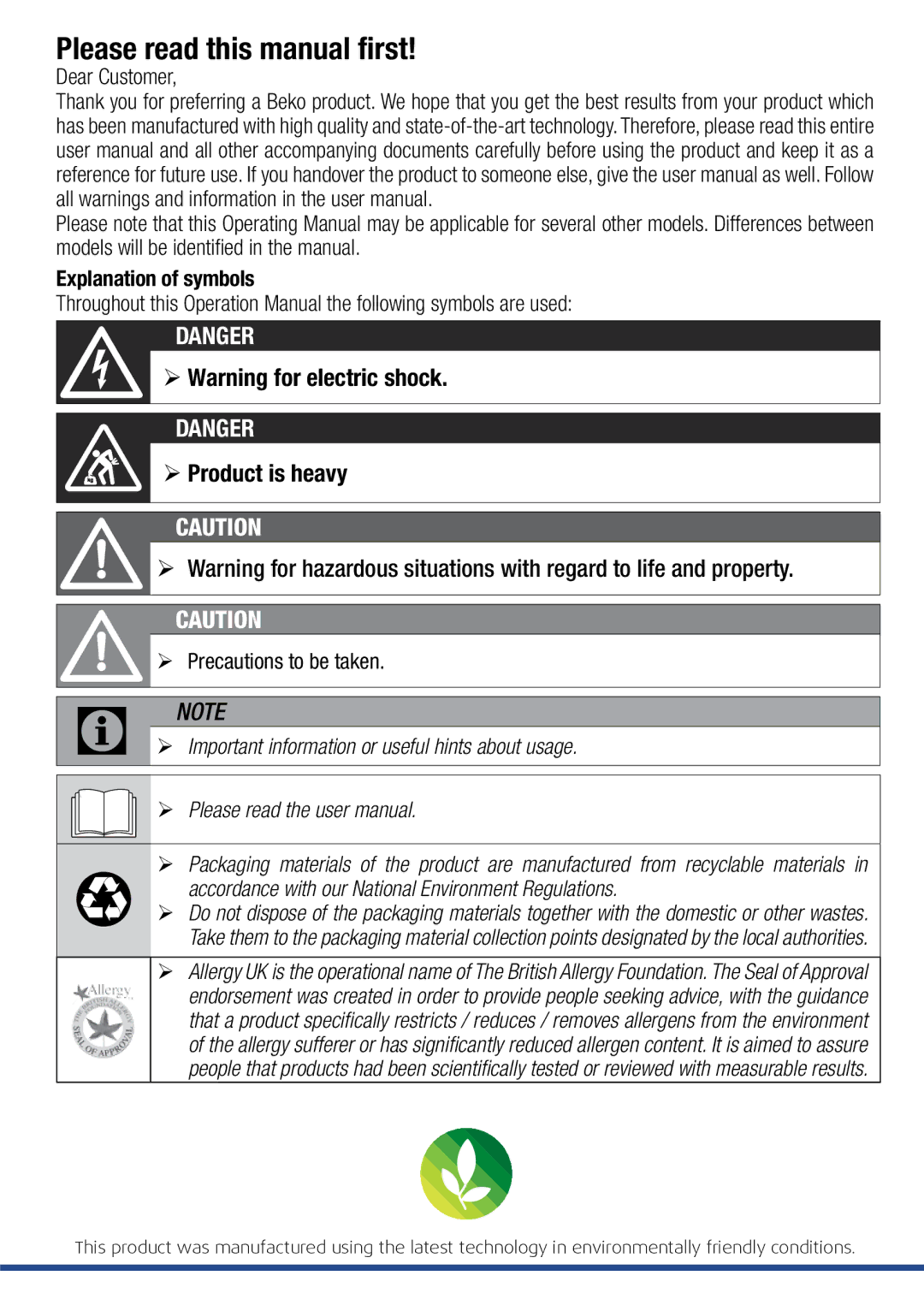 Beko WDA 91440 W user manual Please read this manual first, ¾¾ Precautions to be taken 