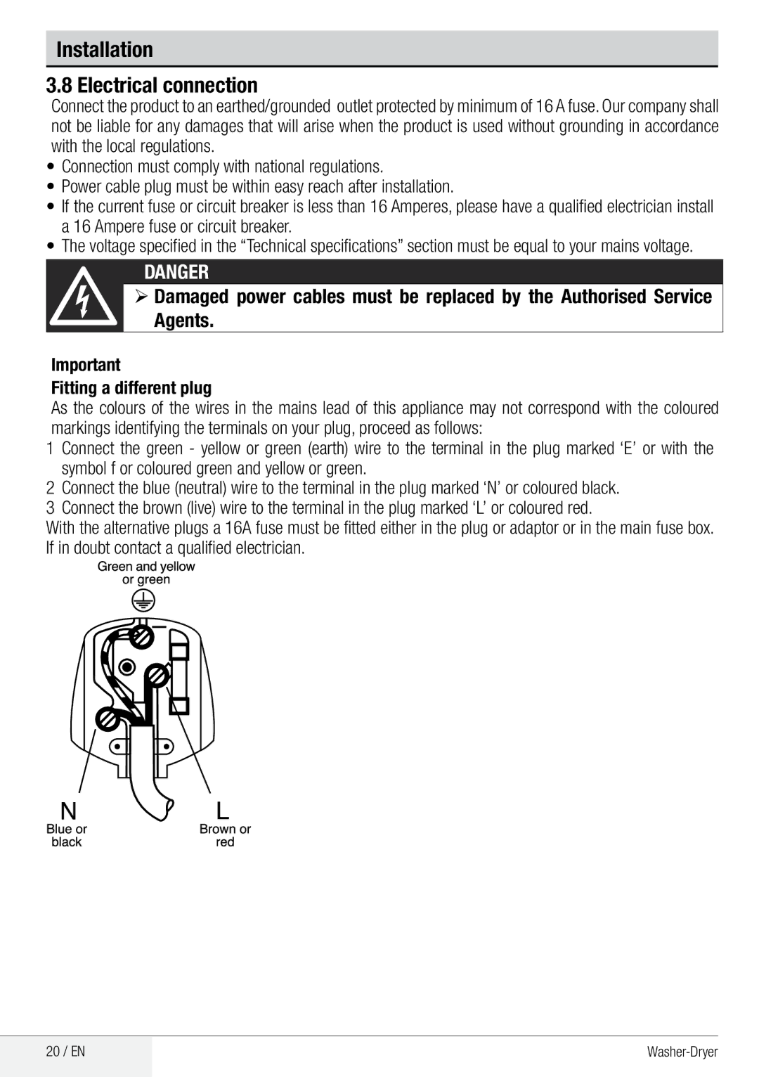 Beko WDA 91440 W user manual Installation Electrical connection 