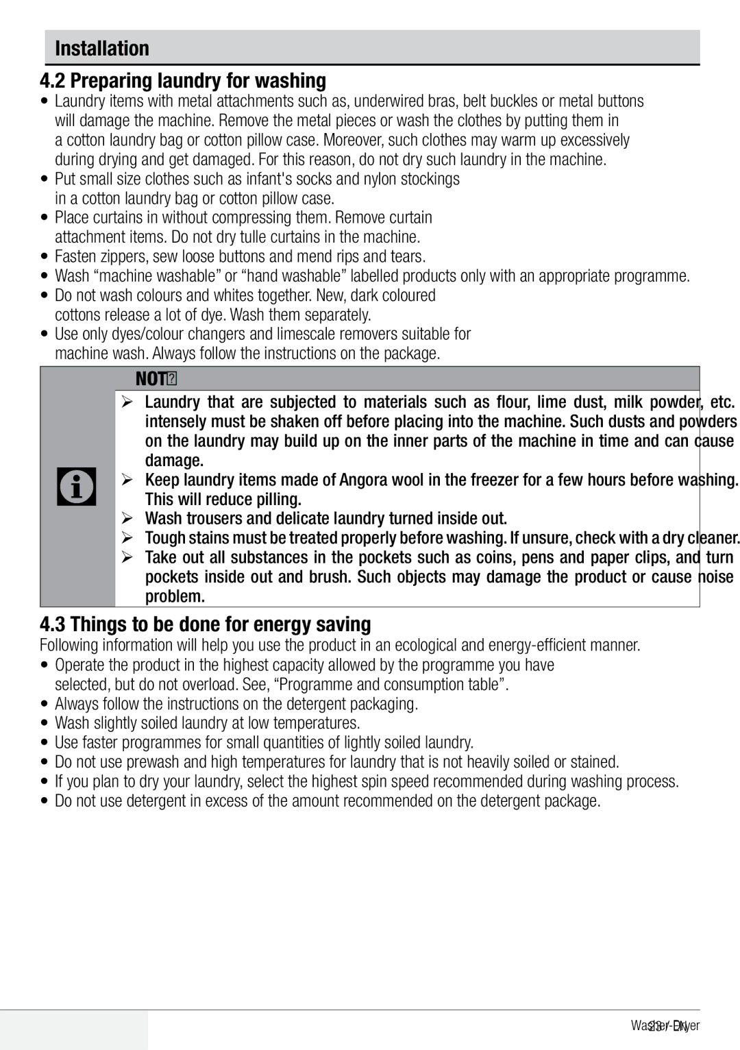 Beko WDA 91440 W user manual Preparation Preparing laundry for washing, Things to be done for energy saving 