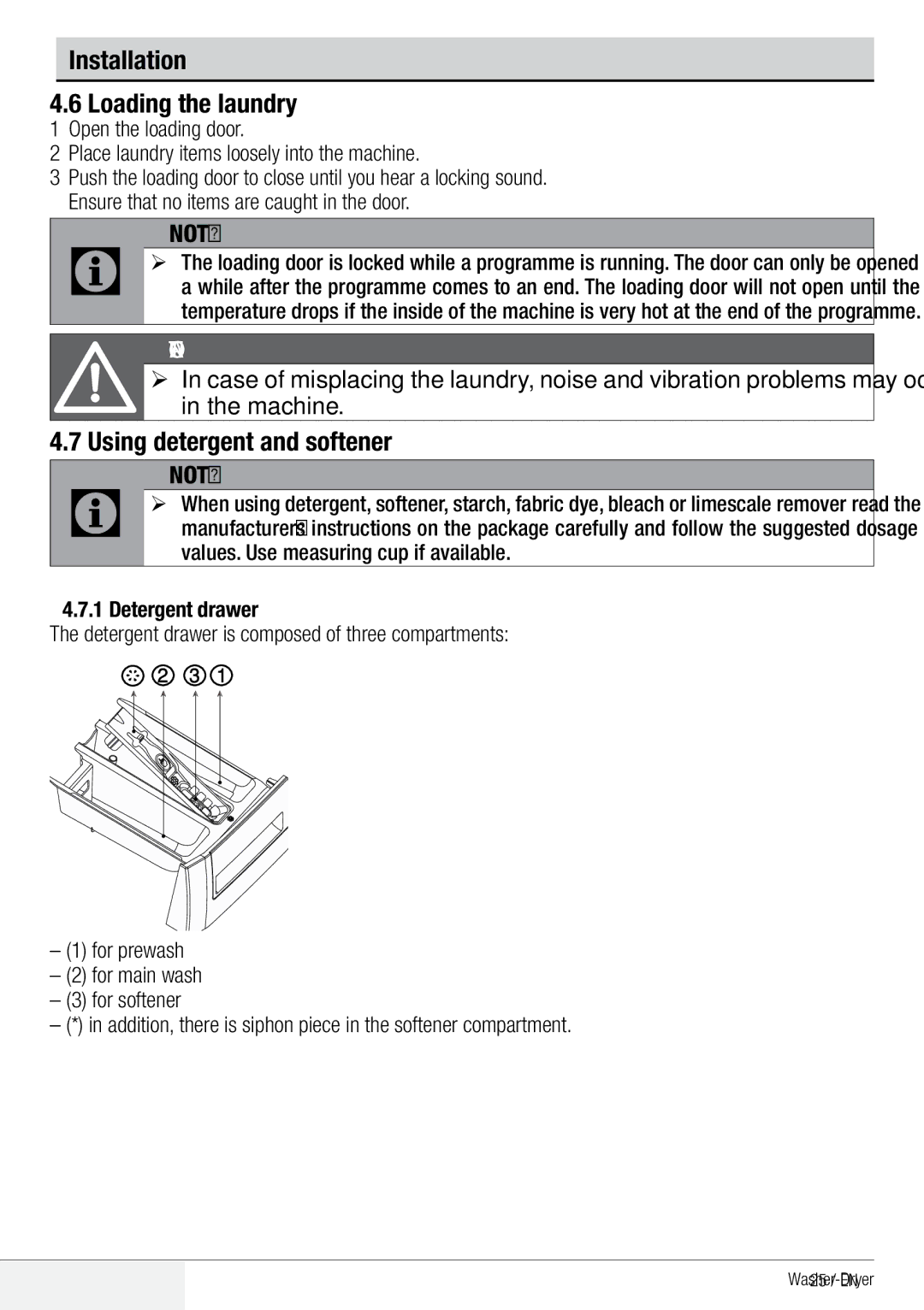 Beko WDA 91440 W user manual Preparation Loading the laundry, Using detergent and softener 