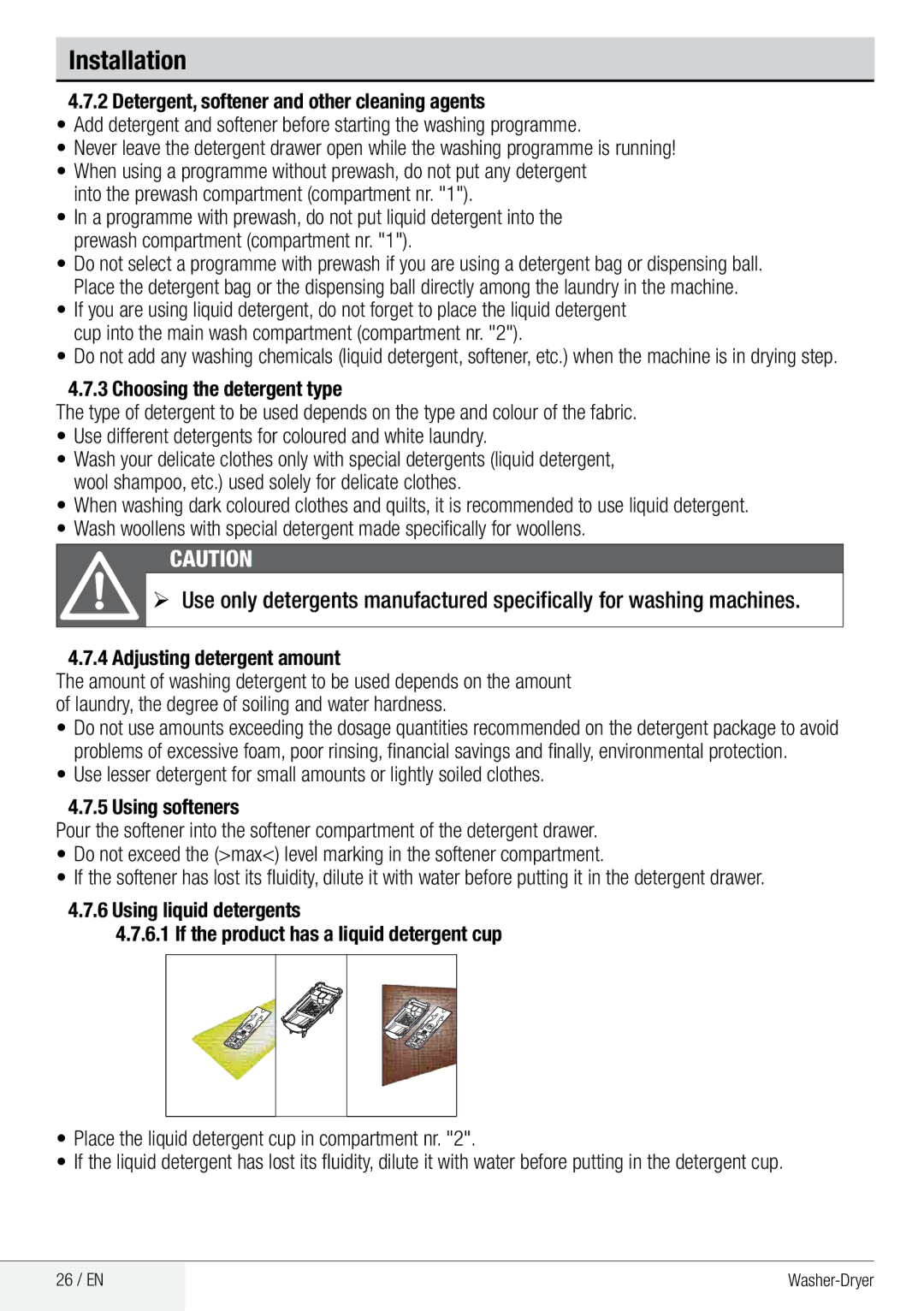 Beko WDA 91440 W user manual Preparation, Adjusting detergent amount 