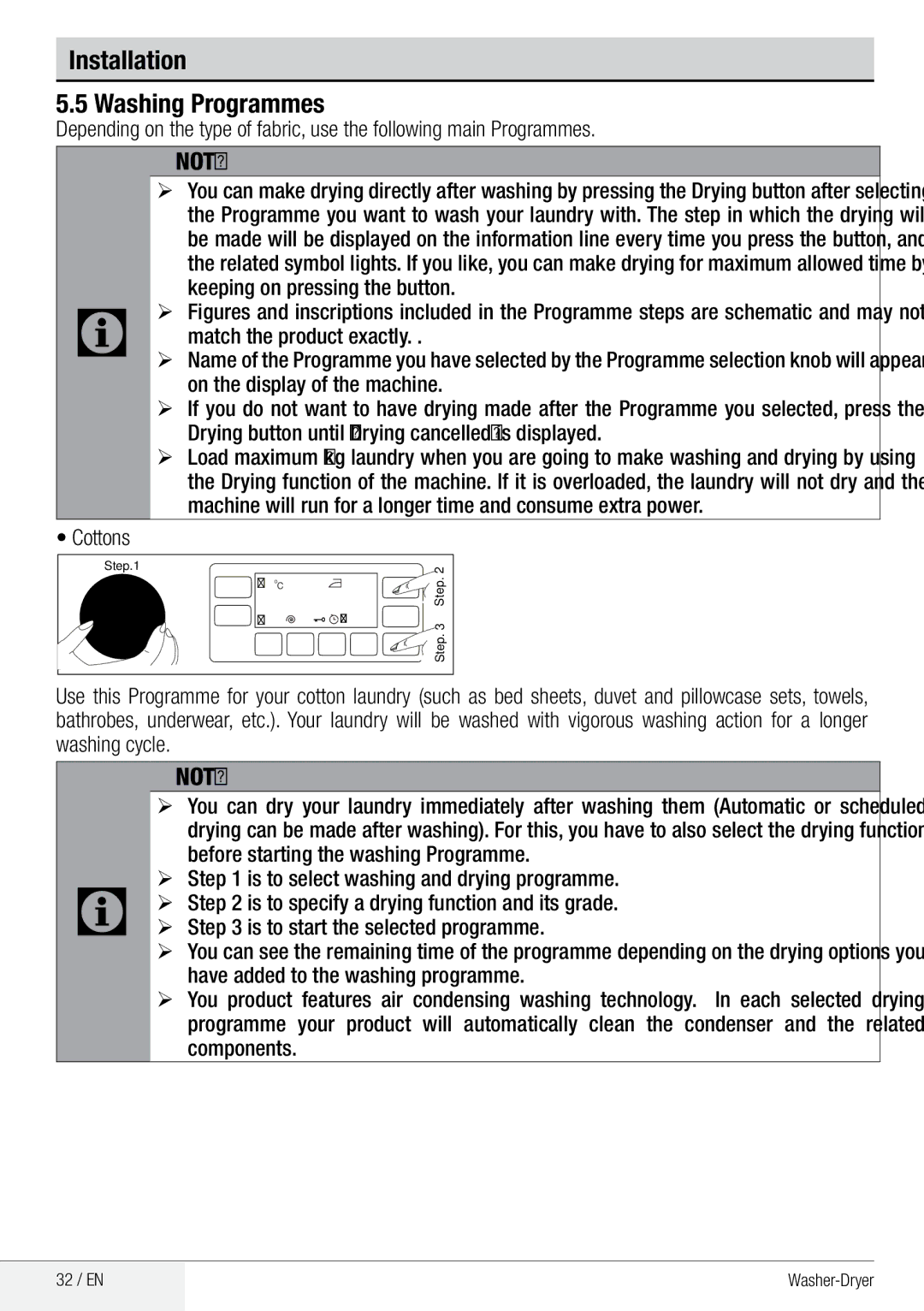 Beko WDA 91440 W user manual Operating the product Washing Programmes 