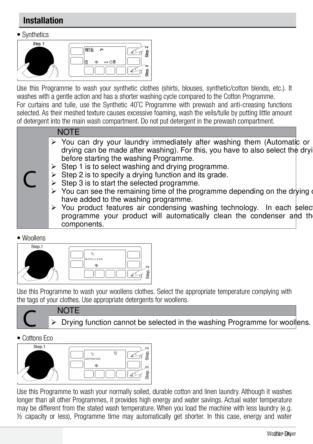 Beko WDA 91440 W user manual Operating the product, Synthetics, Woollens, Cottons Eco 