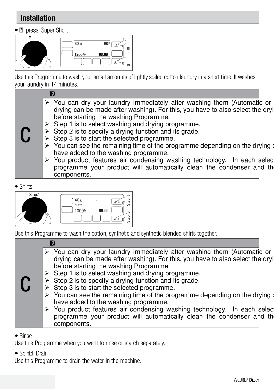 Beko WDA 91440 W user manual Xpress Super Short, Shirts 