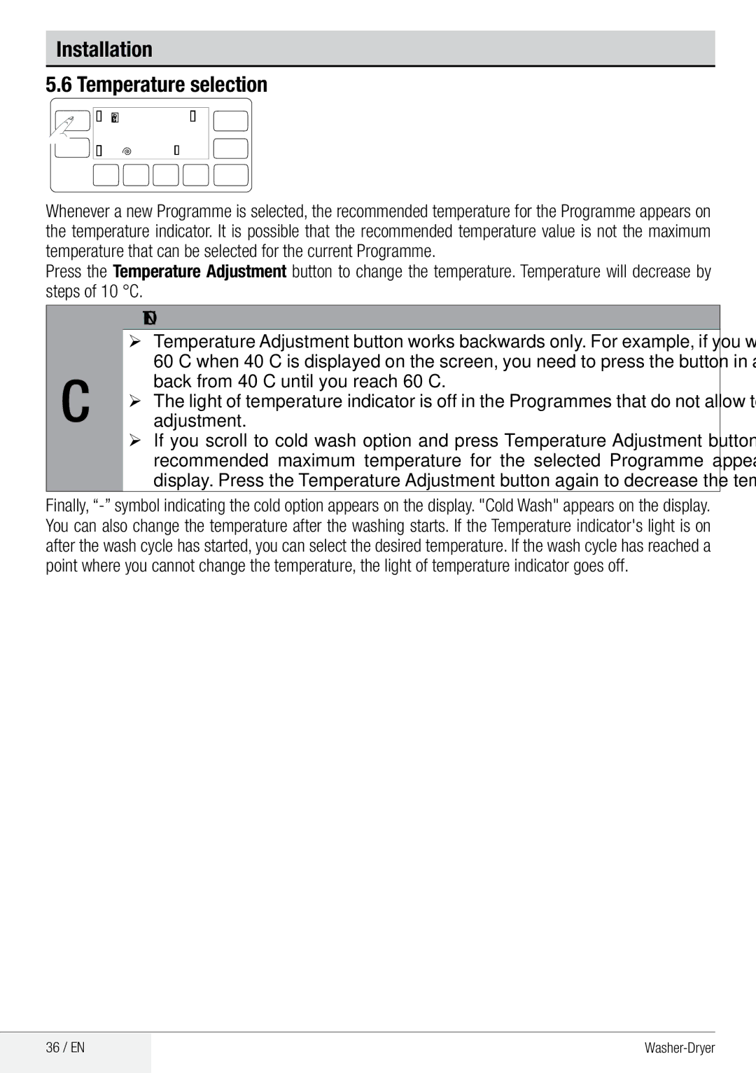 Beko WDA 91440 W user manual Operating the product Temperature selection 