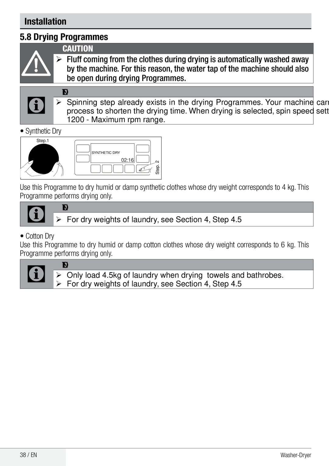 Beko WDA 91440 W Operating the product Drying Programmes, Synthetic Dry, ¾¾ For dry weights of laundry, see , Step 