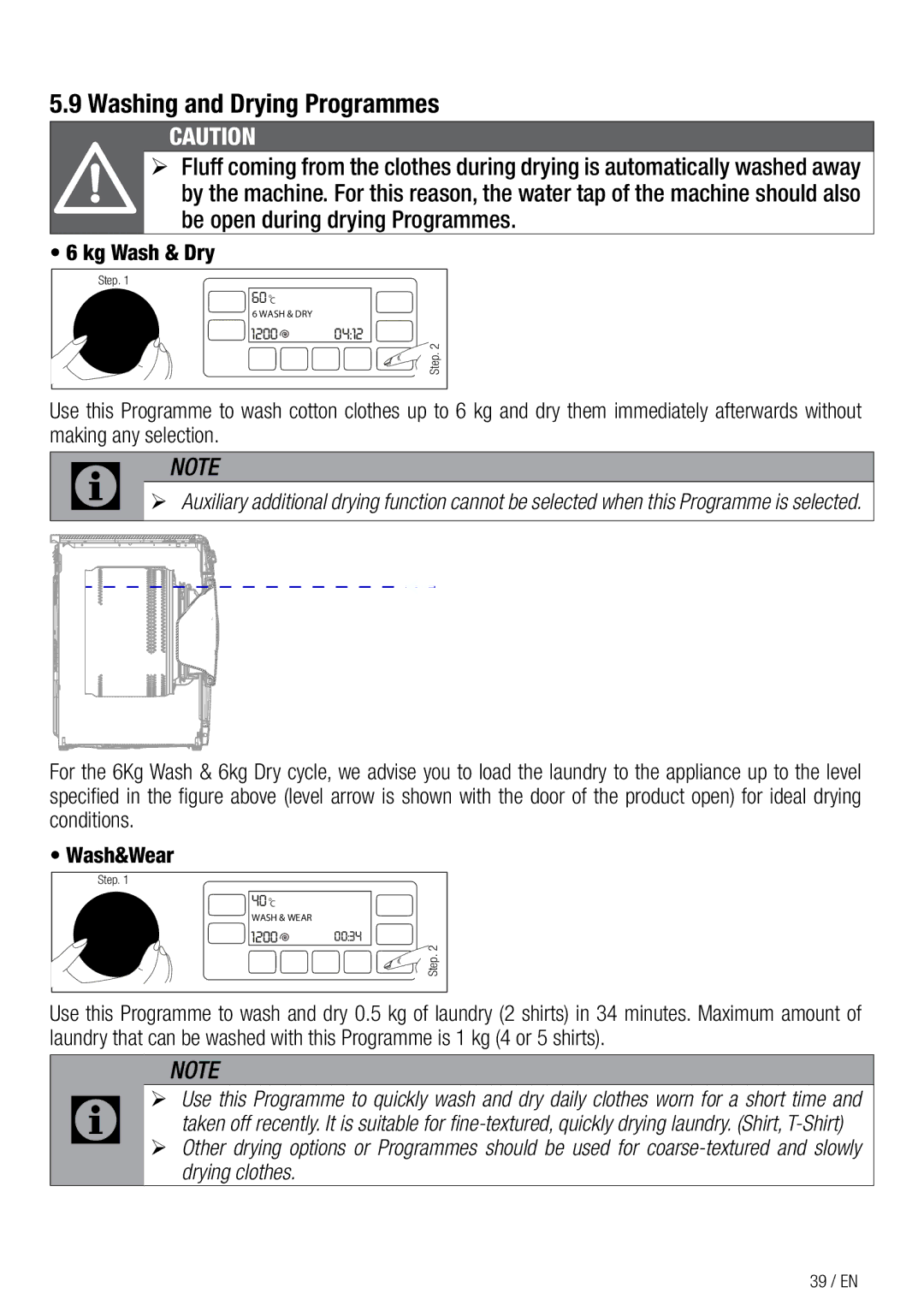 Beko WDA 91440 W user manual Operating the product Washing and Drying Programmes, Kg Wash & Dry, Drying clothes 