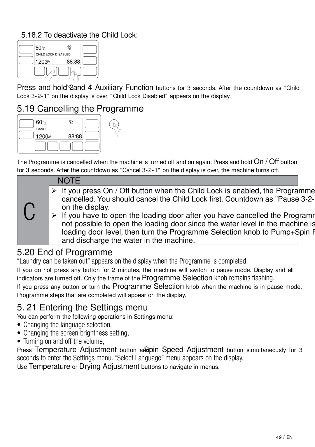 Beko WDA 91440 W user manual Cancelling the Programme, End of Programme, Entering the Settings menu, On the display 