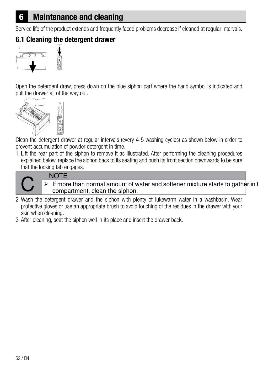 Beko WDA 91440 W user manual Maintenance and cleaning, Cleaning the detergent drawer 