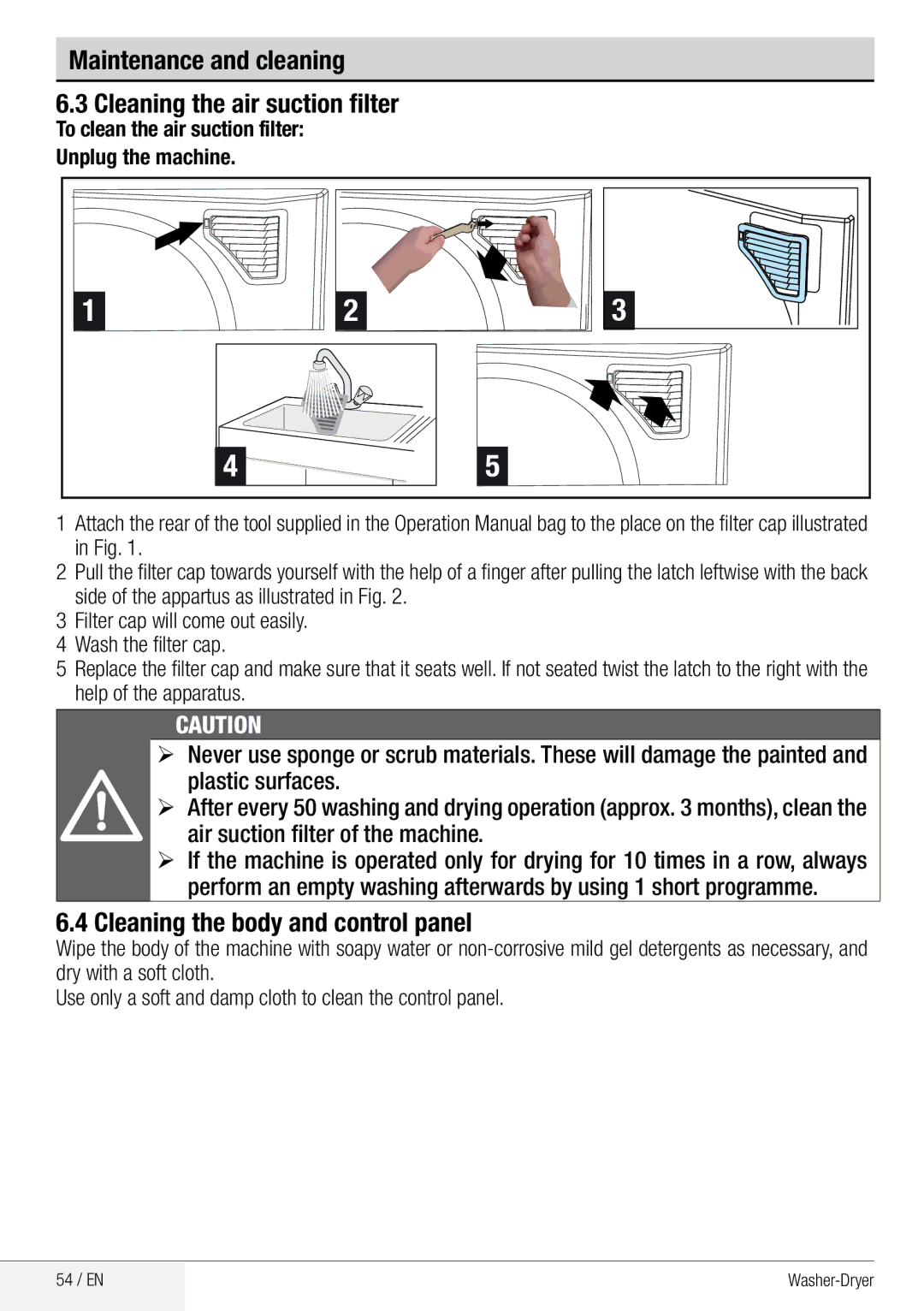 Beko WDA 91440 W user manual Maintenance and cleaning Cleaning the air suction filter, Cleaning the body and control panel 