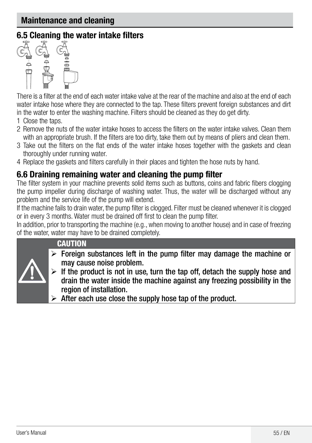 Beko WDA 91440 W user manual Maintenance and cleaning Cleaning the water intake filters, Close the taps 