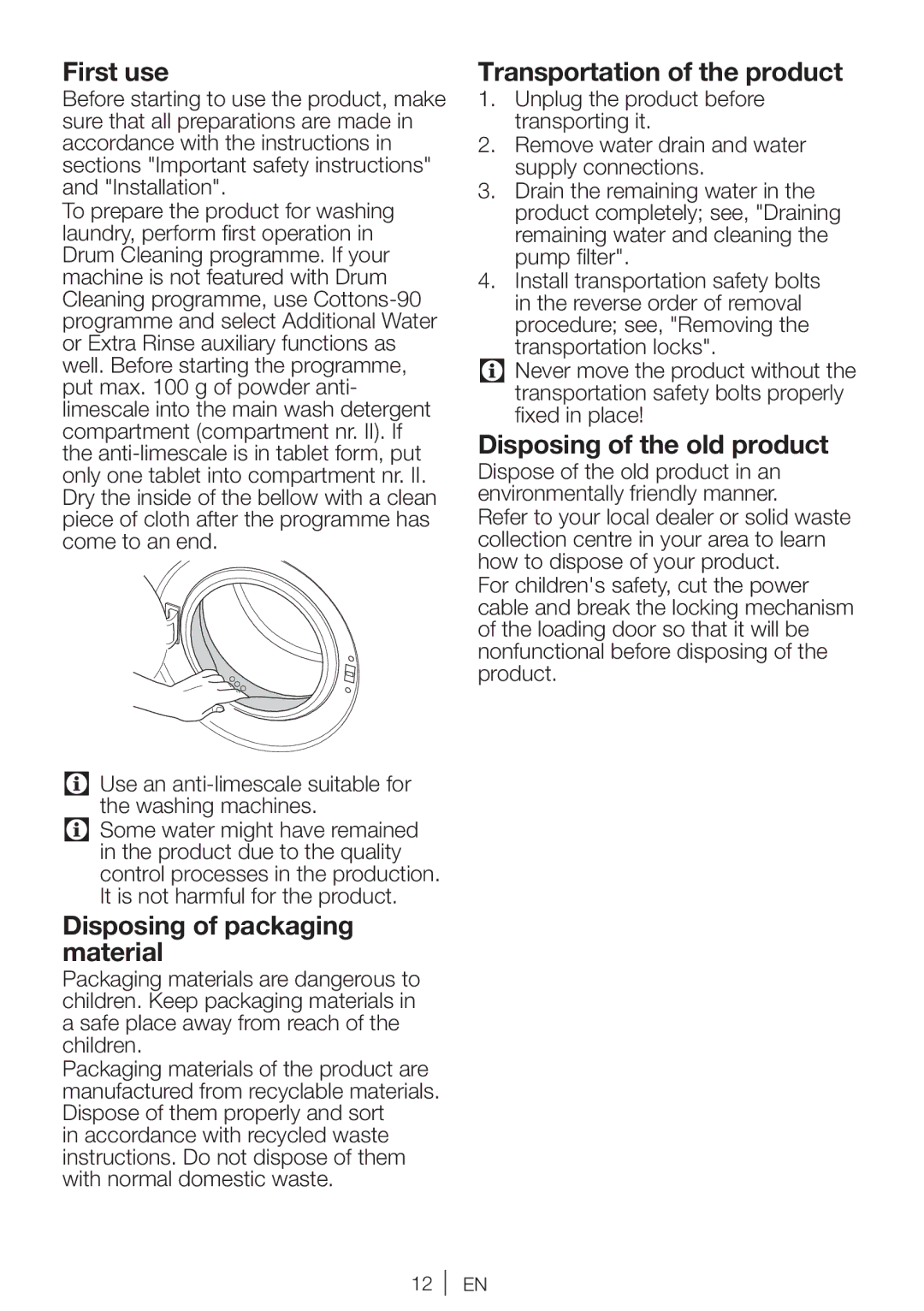 Beko WI 1382 First use, Disposing of packaging material, Transportation of the product, Disposing of the old product 