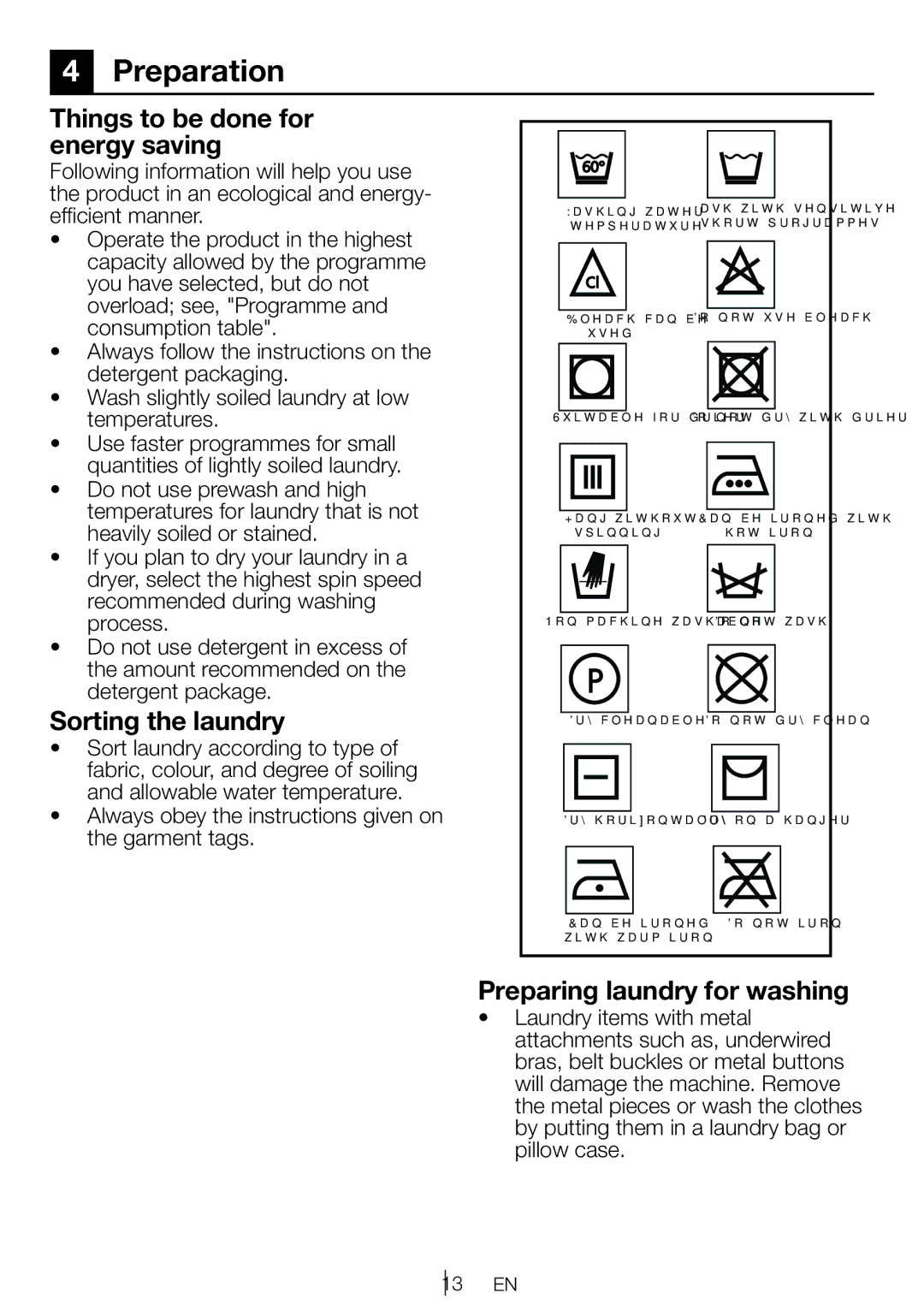 Beko WI 1382 Preparation, Things to be done for energy saving, Sorting the laundry, Preparing laundry for washing 