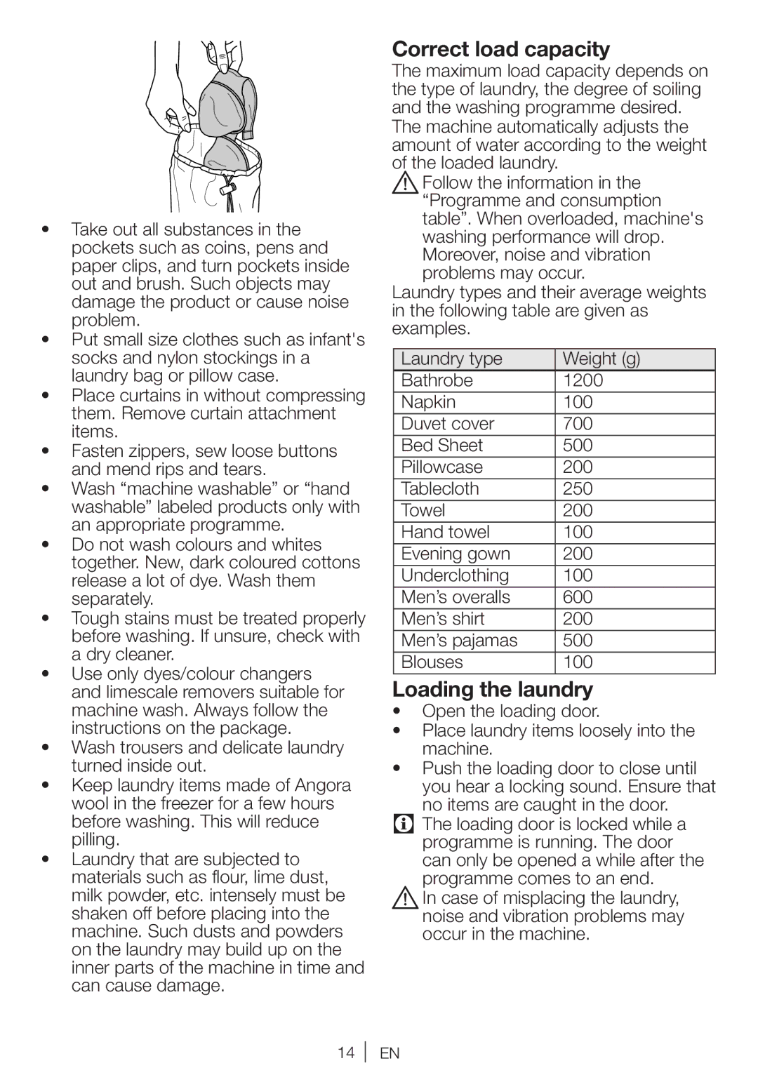 Beko WI 1382 user manual Correct load capacity, Loading the laundry 