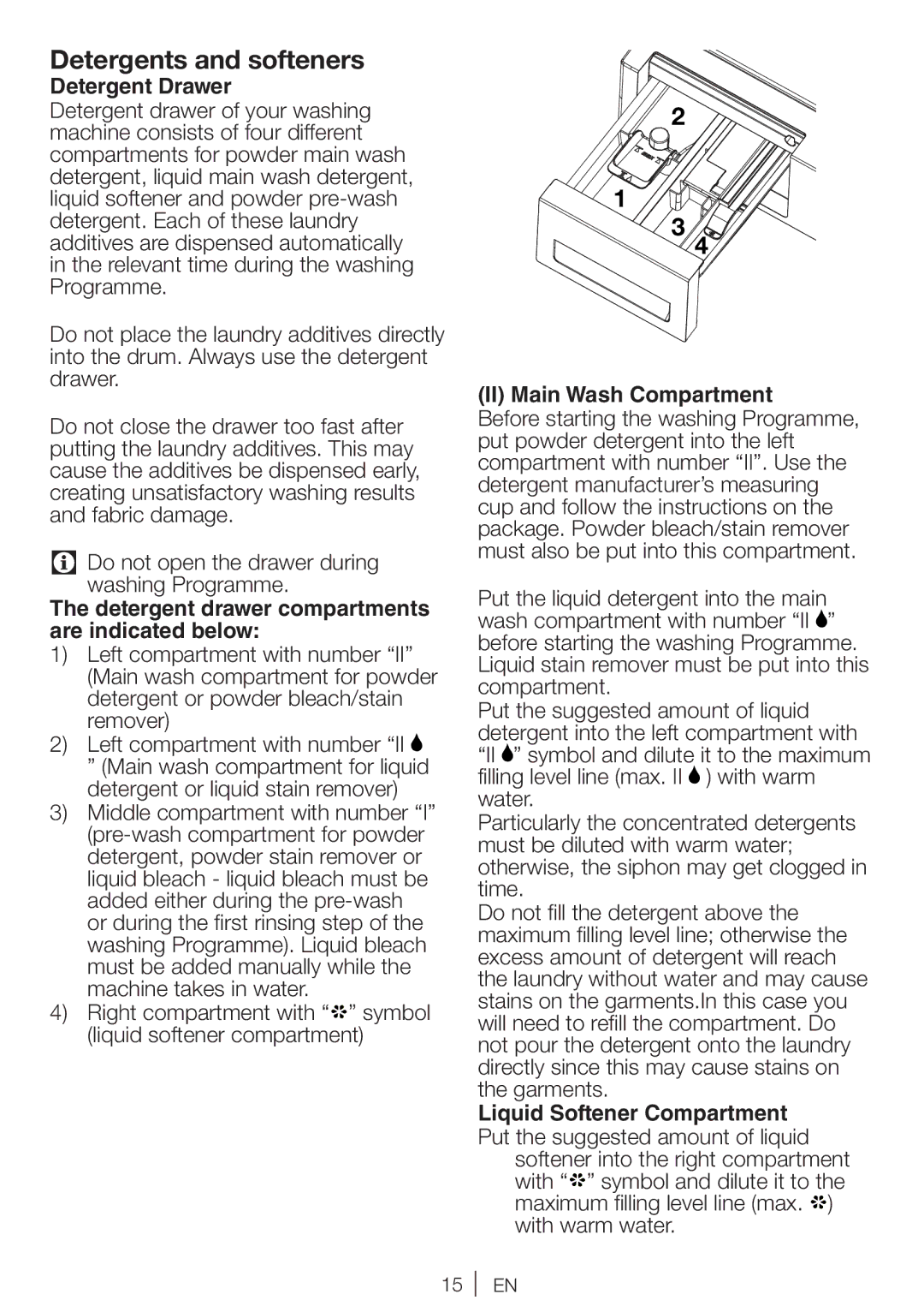 Beko WI 1382 user manual Detergents and softeners, Detergent Drawer, Detergent drawer compartments are indicated below 