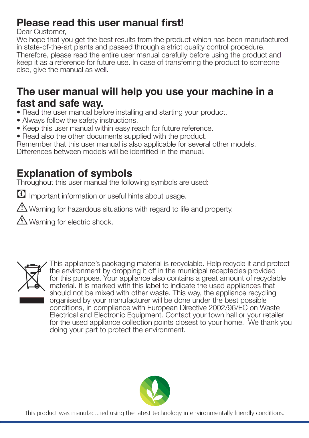 Beko WI 1382 user manual Explanation of symbols 