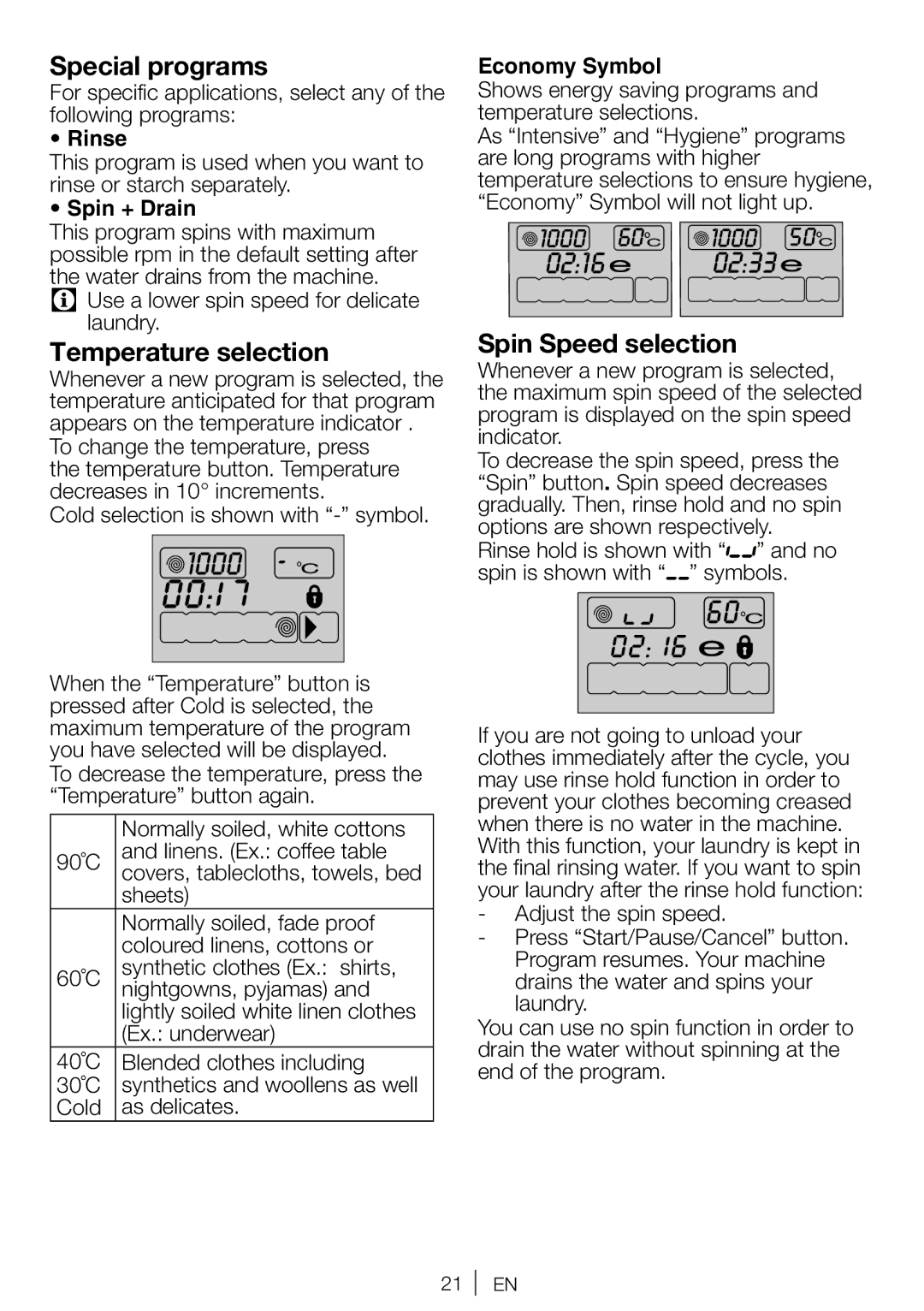 Beko WI 1382 user manual Special programs, Temperature selection, Spin Speed selection 