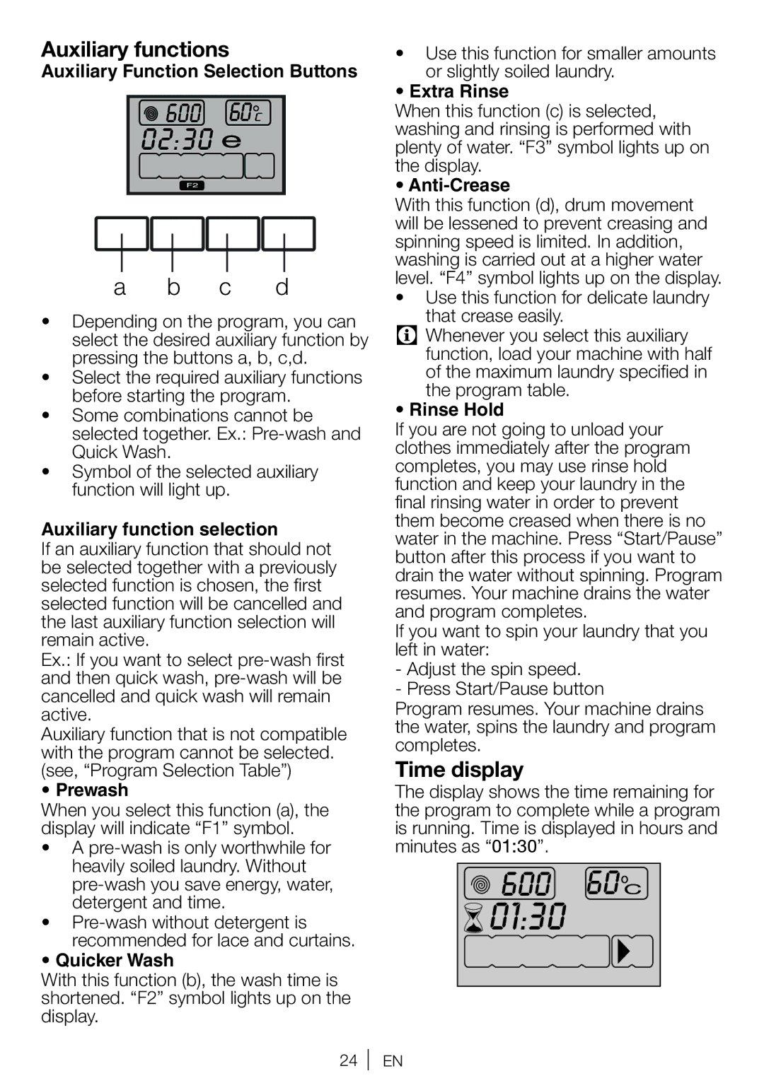 Beko WI 1382 user manual Auxiliary functions, Time display 