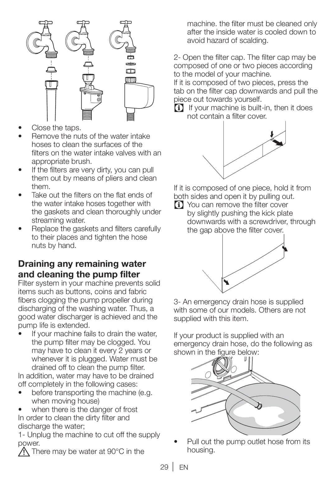 Beko WI 1382 user manual Draining any remaining water and cleaning the pump filter 