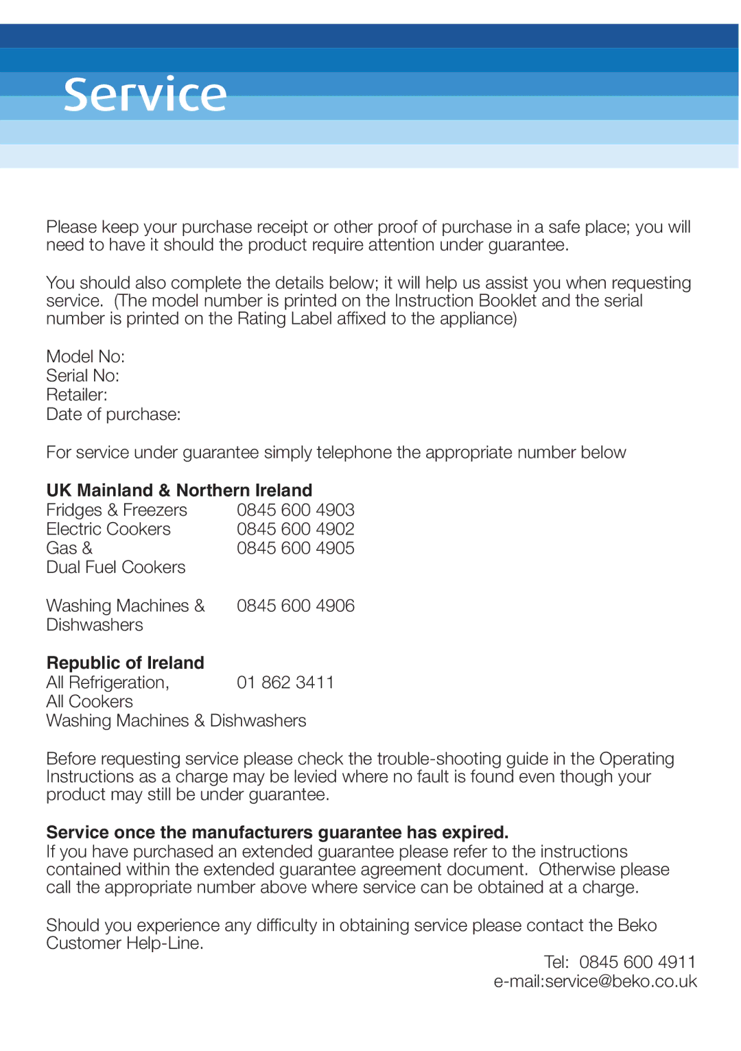 Beko WI 1382 UK Mainland & Northern Ireland, Republic of Ireland, Service once the manufacturers guarantee has expired 