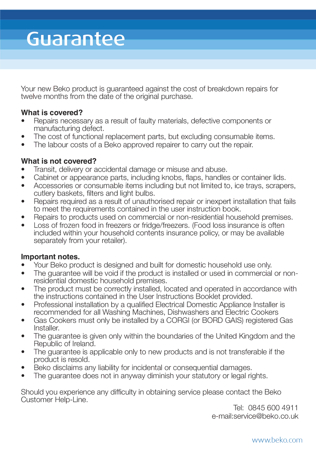 Beko WI 1382 user manual What is covered?, What is not covered?, Important notes 