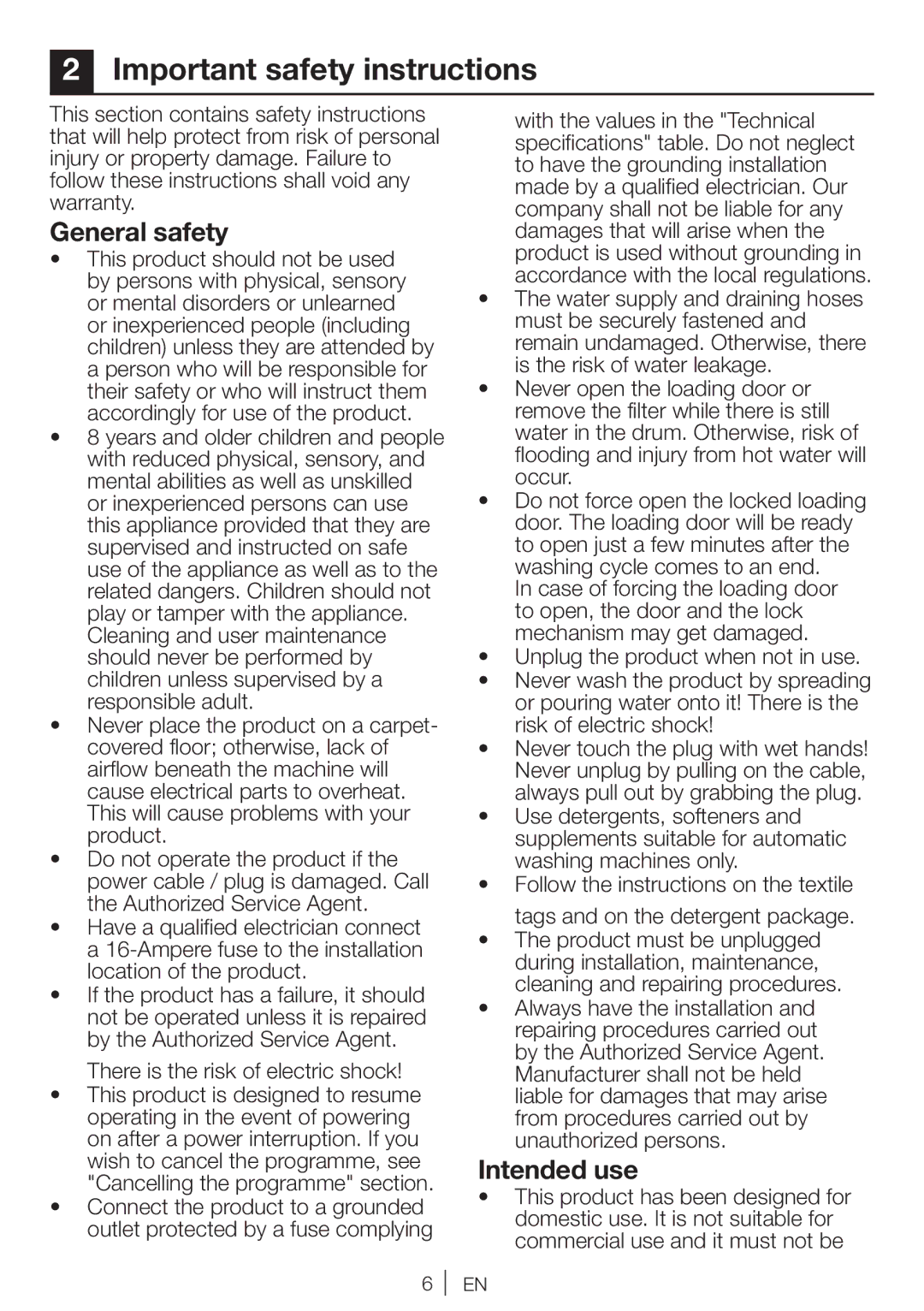 Beko WI 1382 user manual Important safety instructions, General safety, Intended use 